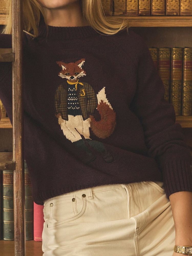 Jonty Wine Red Intarsia Cotton-Rich Crew Neck Jumper