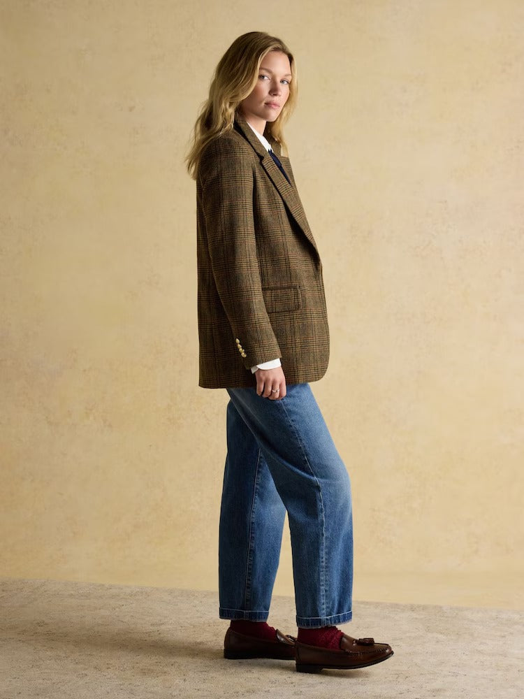 Hackmore Brown Check Relaxed Fit Tweed Blazer With Wool