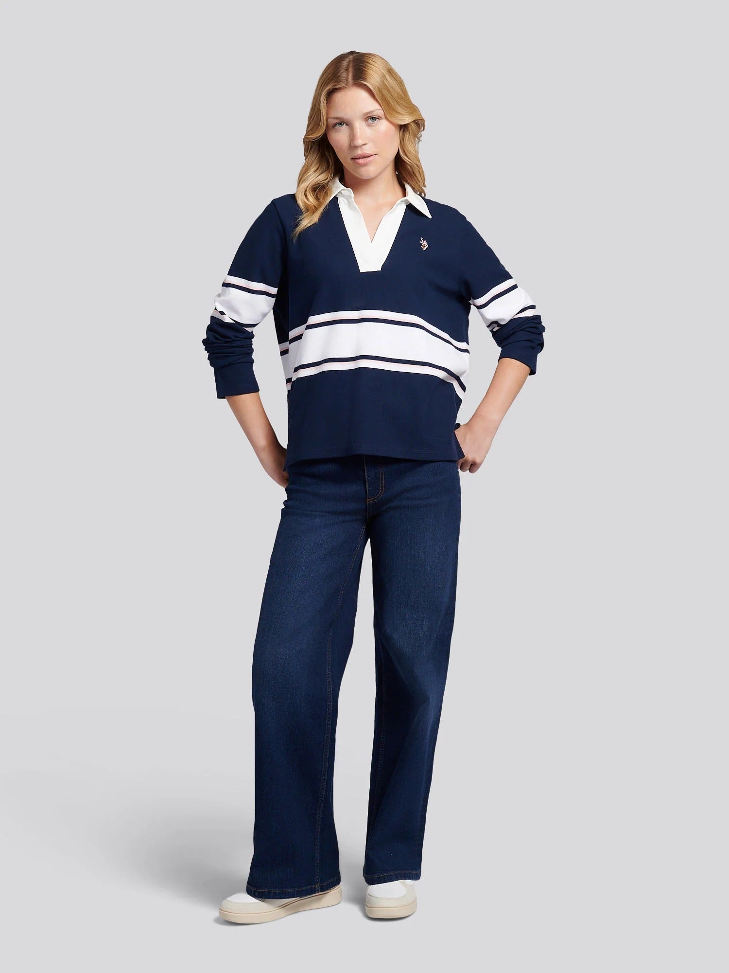 Women's Contrast Collar Stripe Rugby Top in Navy Iris