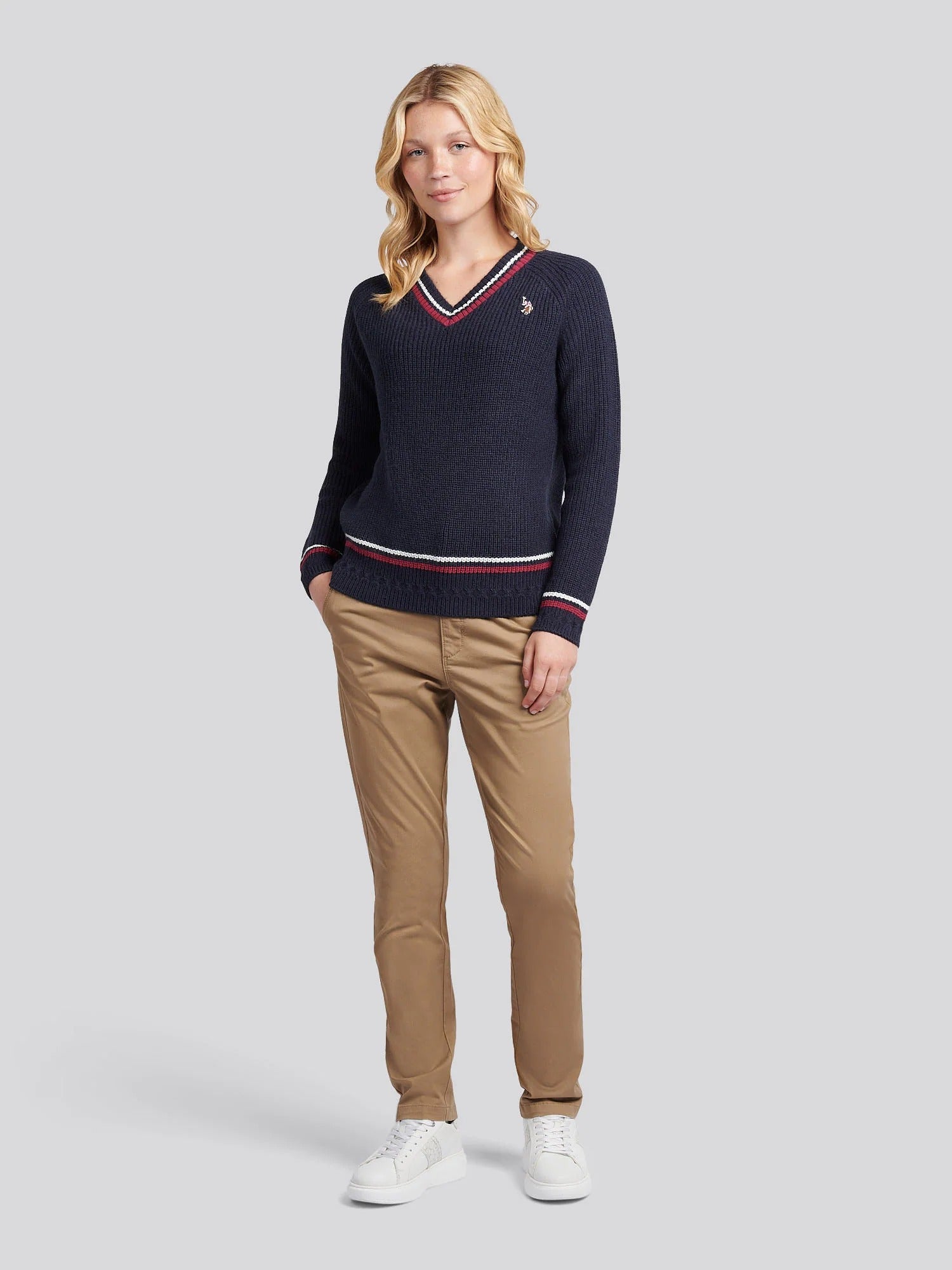 Women's Tri Stripe Tipping Cricket Jumper in Navy Iris