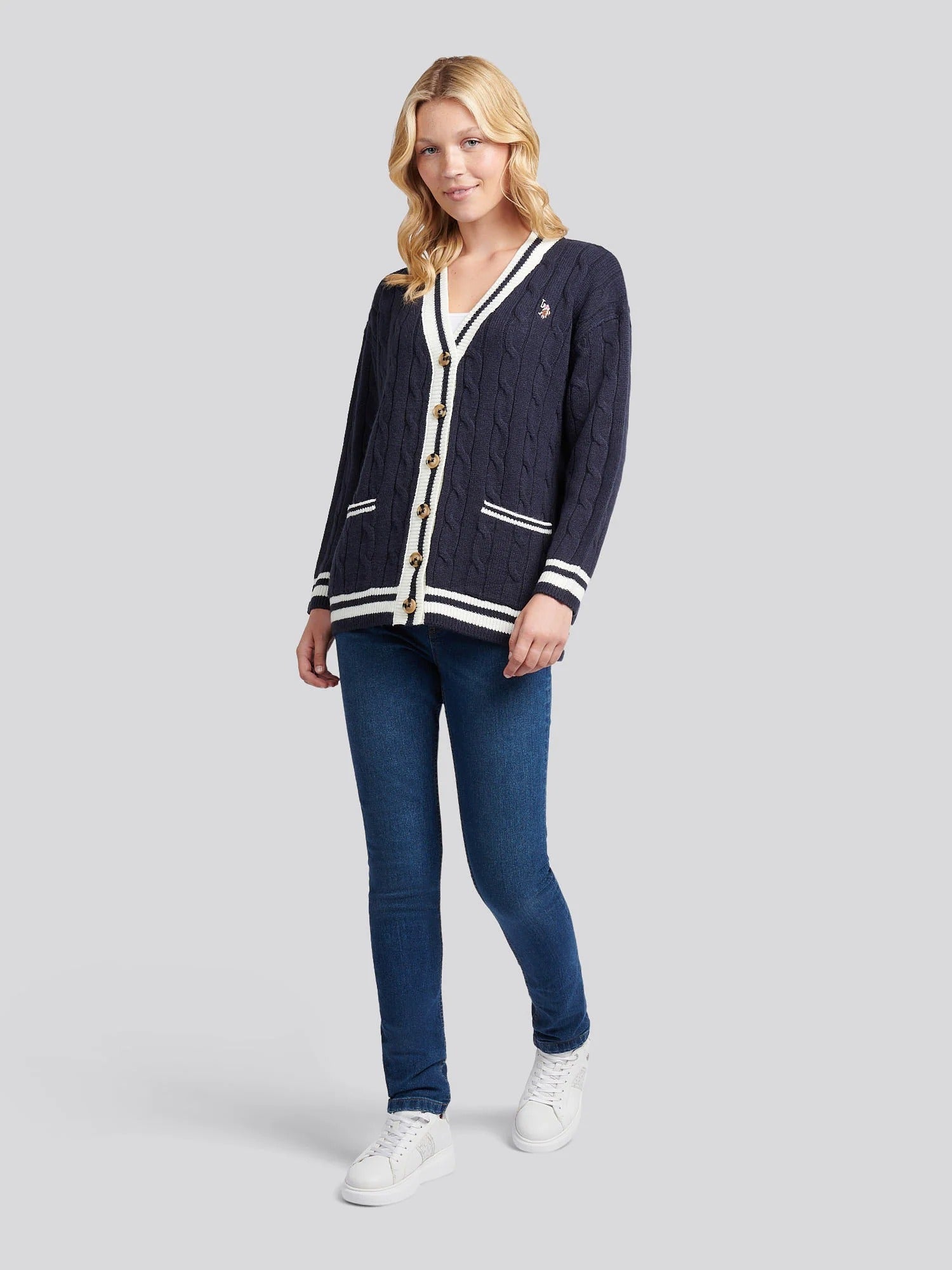 Women's Longline Cable Cardigan in Navy Iris
