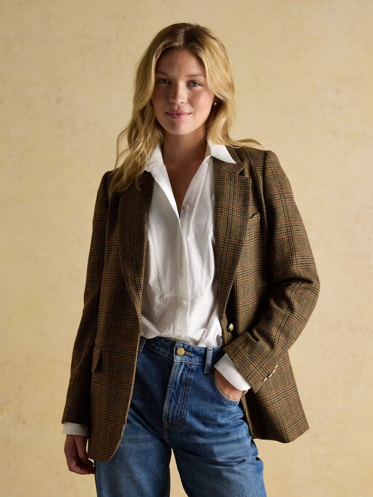 Hackmore Brown Check Relaxed Fit Tweed Blazer With Wool