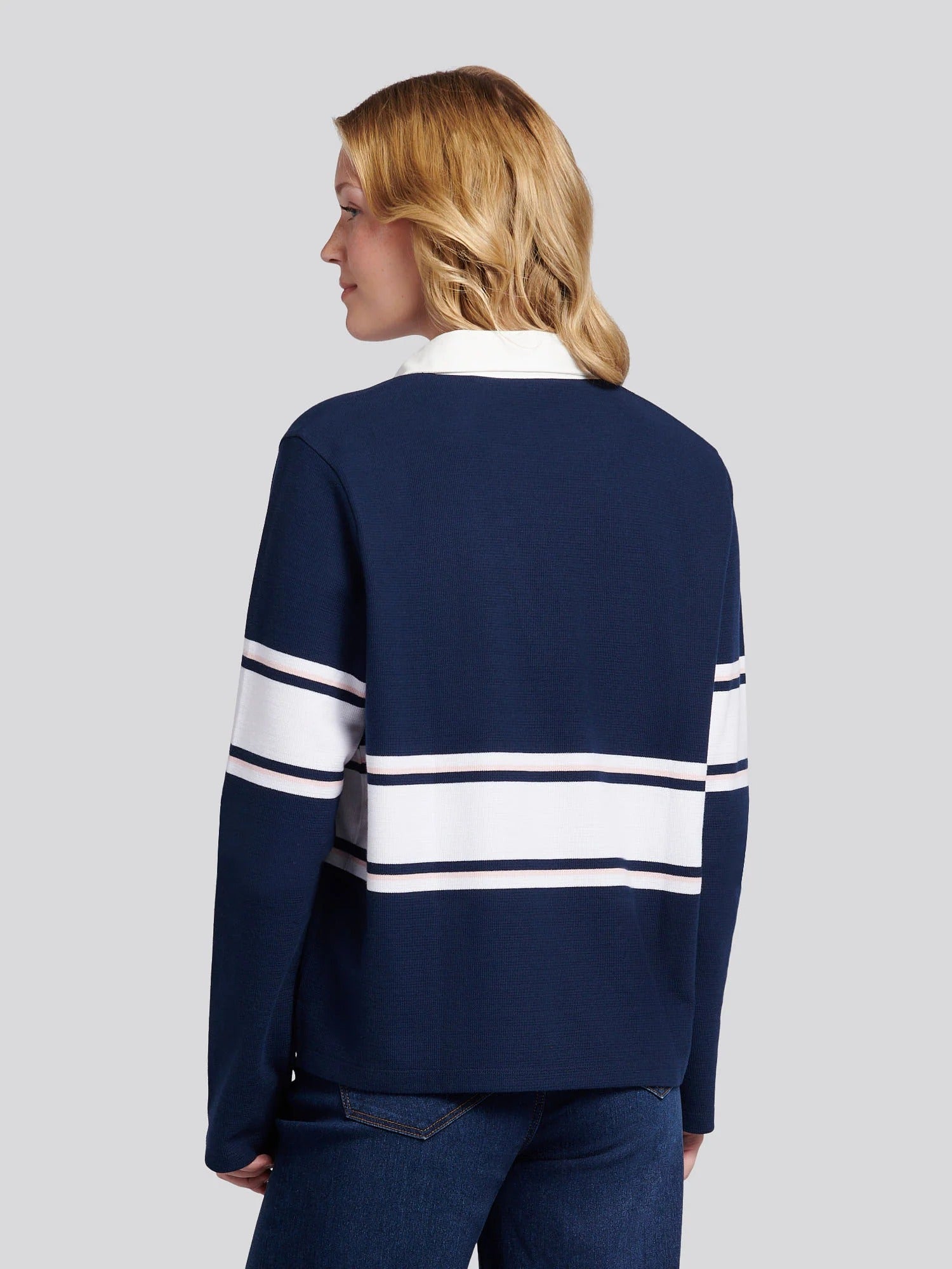 Women's Contrast Collar Stripe Rugby Top in Navy Iris