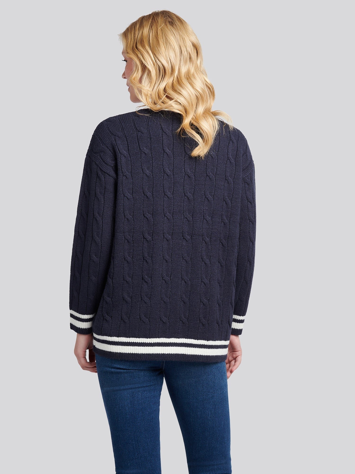 Women's Longline Cable Cardigan in Navy Iris