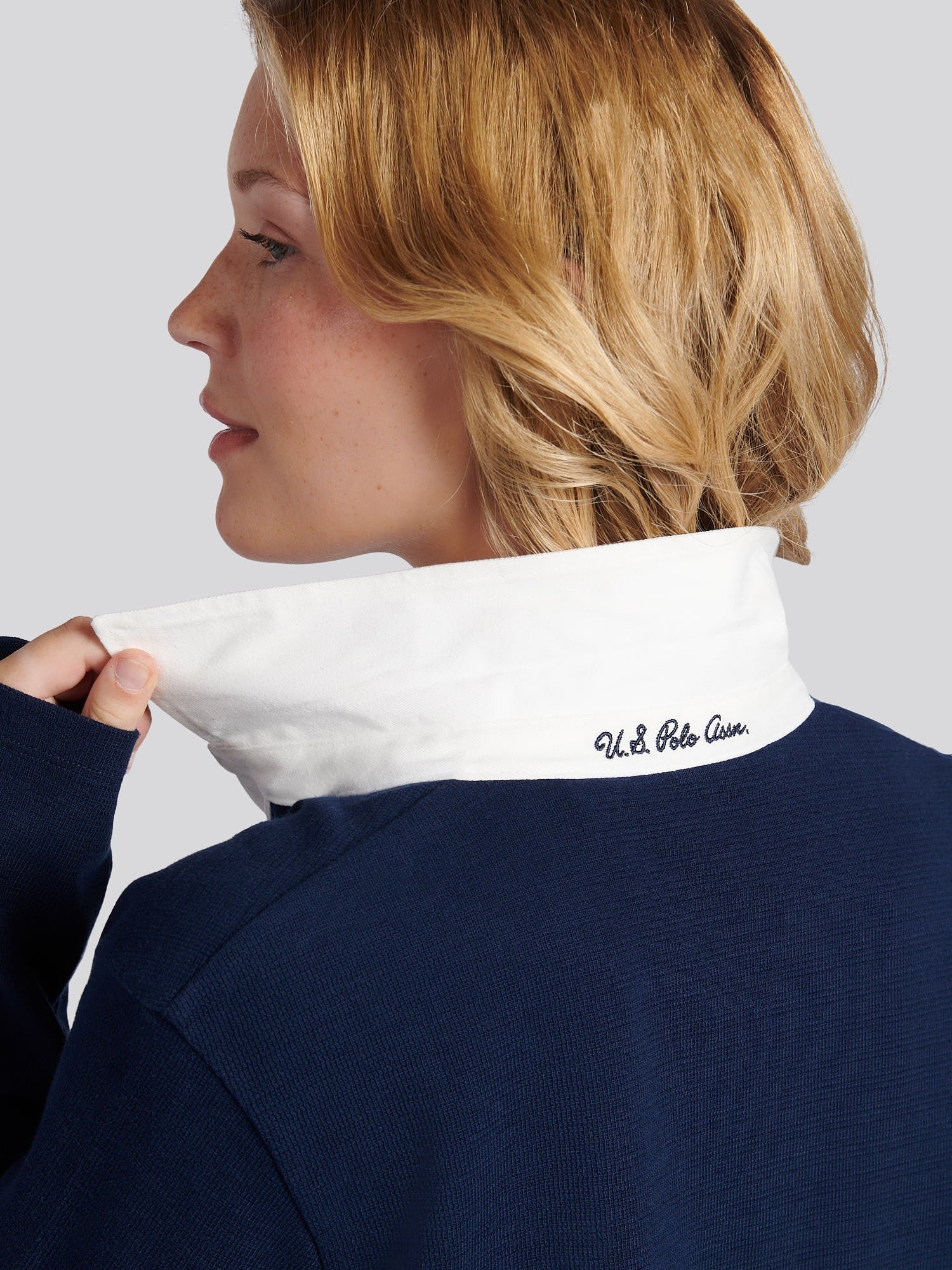Women's Contrast Collar Stripe Rugby Top in Navy Iris