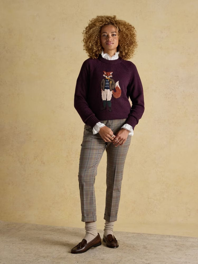 Jonty Wine Red Intarsia Cotton-Rich Crew Neck Jumper