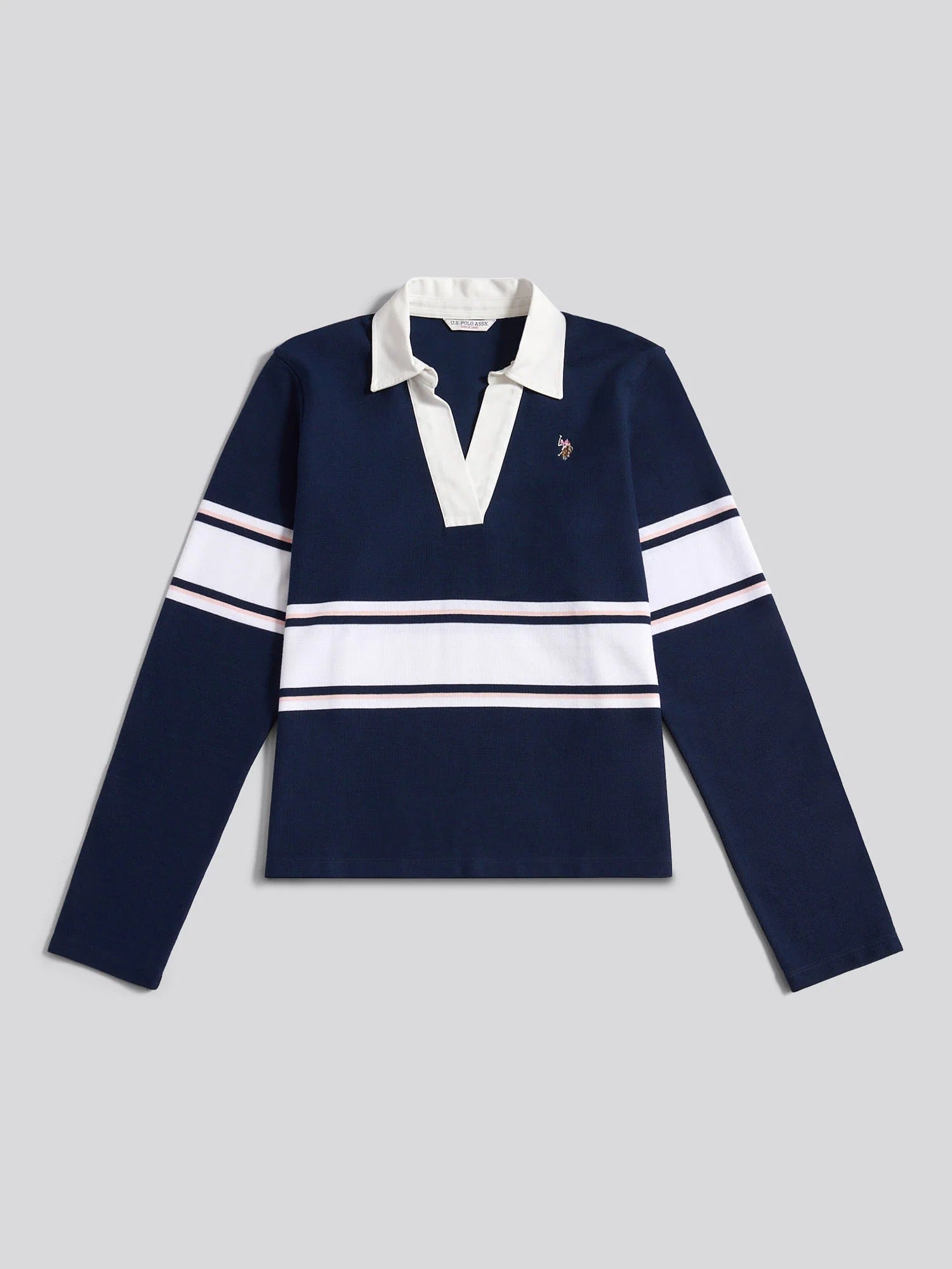 Women's Contrast Collar Stripe Rugby Top in Navy Iris
