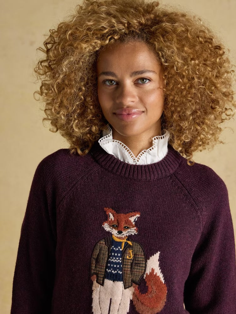 Jonty Wine Red Intarsia Cotton-Rich Crew Neck Jumper