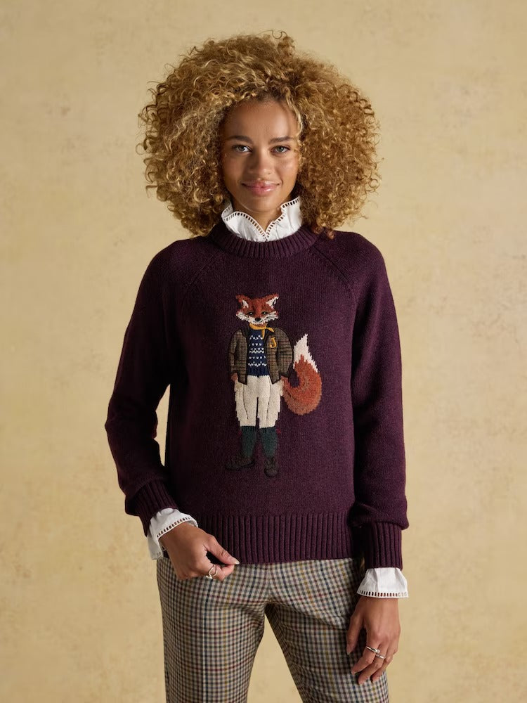Jonty Wine Red Intarsia Cotton-Rich Crew Neck Jumper