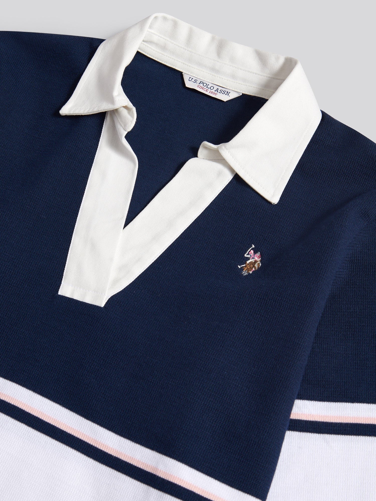 Women's Contrast Collar Stripe Rugby Top in Navy Iris