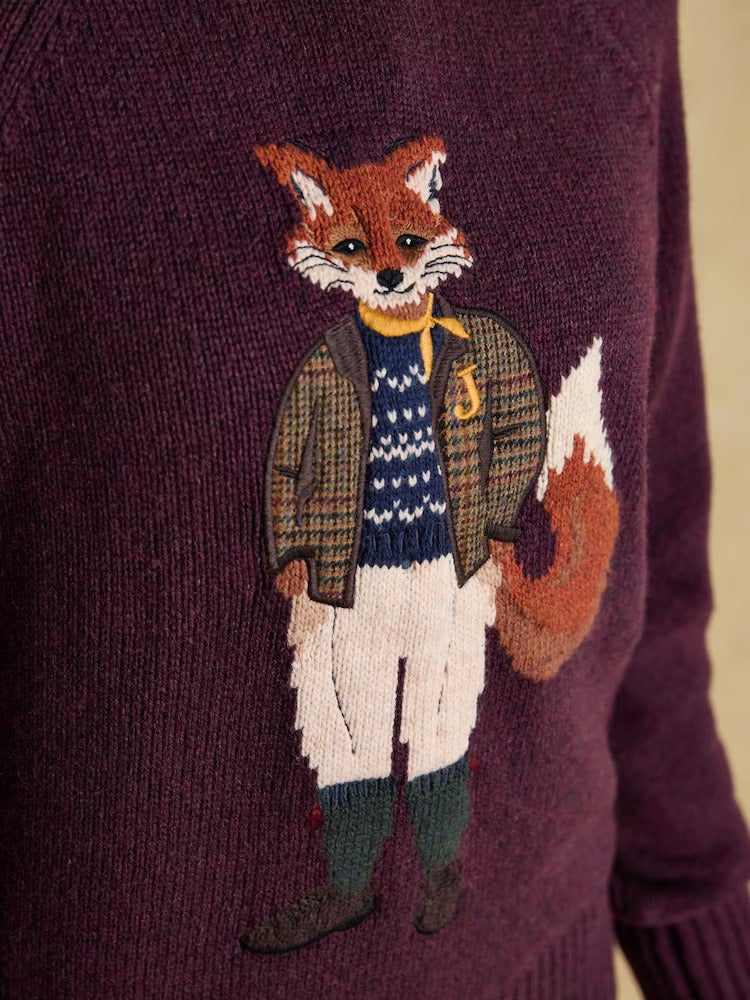Jonty Wine Red Intarsia Cotton-Rich Crew Neck Jumper