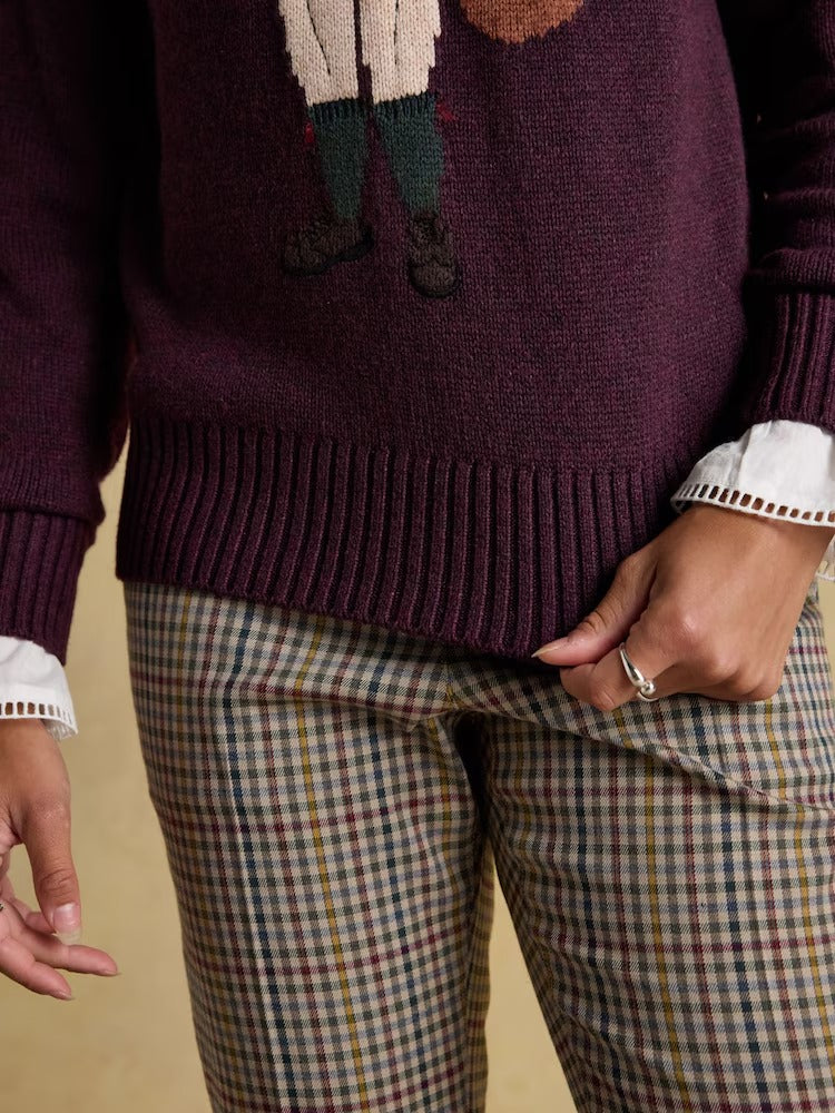 Jonty Wine Red Intarsia Cotton-Rich Crew Neck Jumper