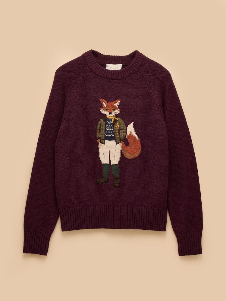 Jonty Wine Red Intarsia Cotton-Rich Crew Neck Jumper