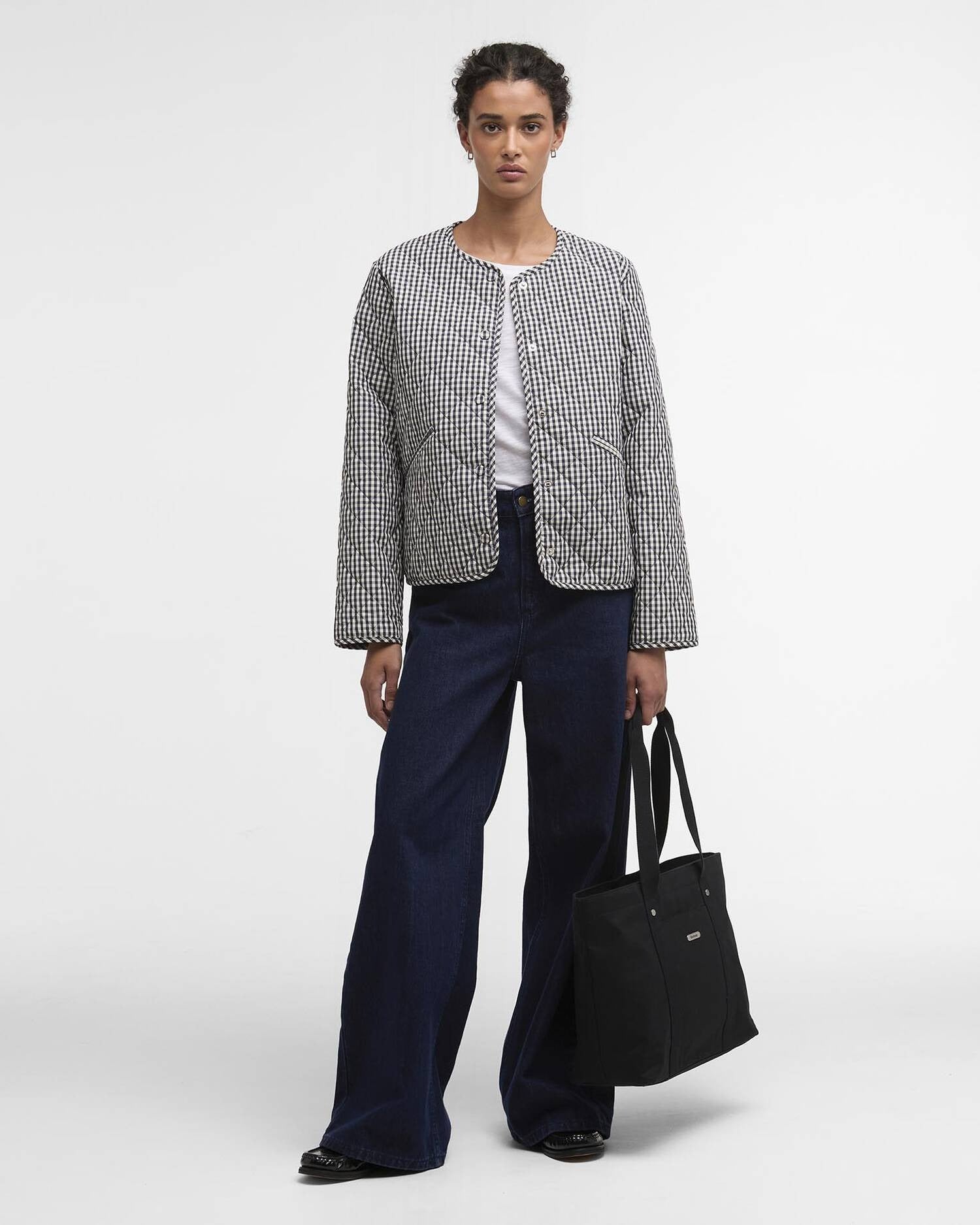 Cashel Gingham Collarless Quilted Jacket - Navy Gingham/Dark Navy