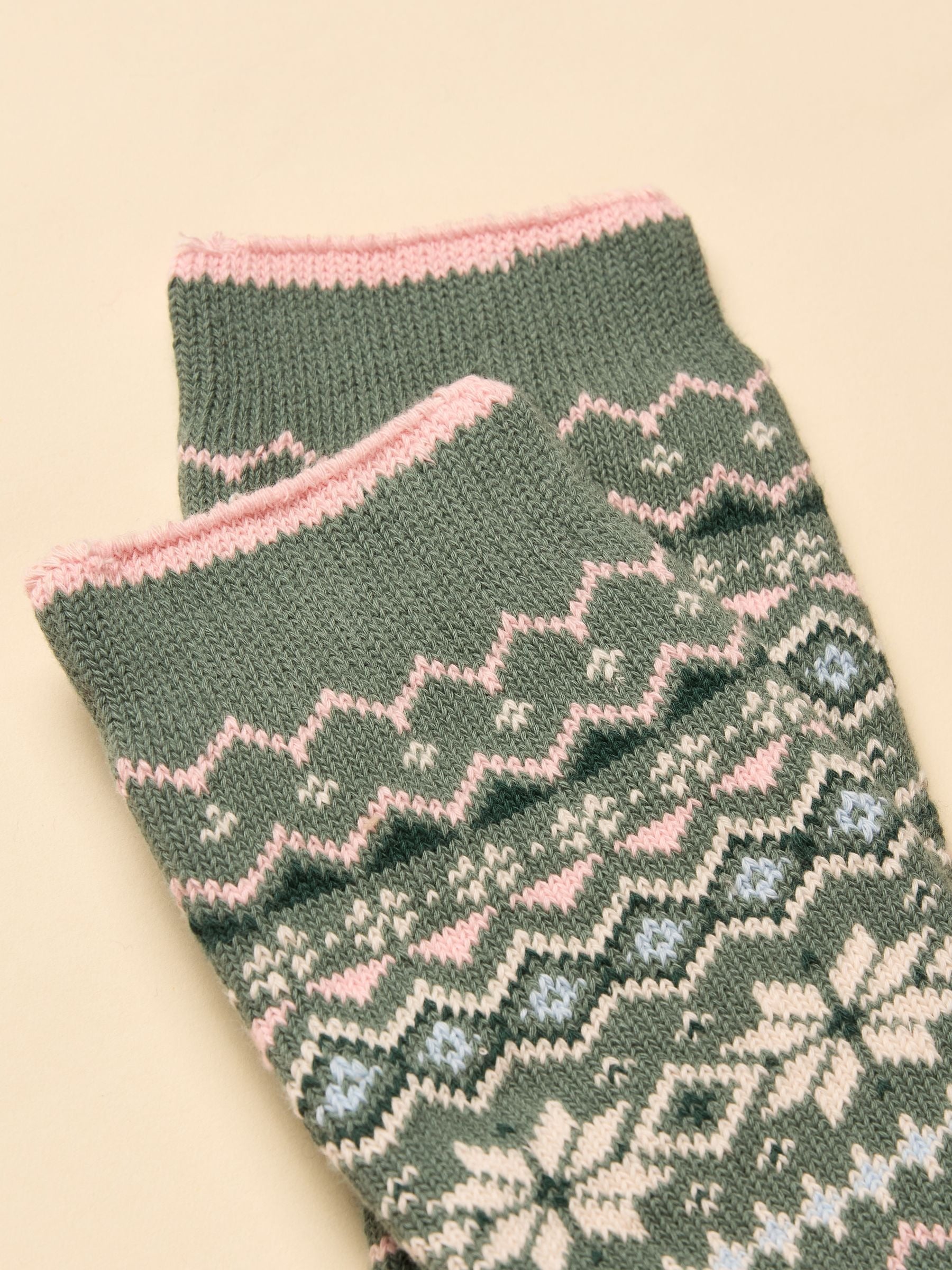 Women's Lucille Green & Pink Fair Isle Cotton Blend Socks (size 4-8)