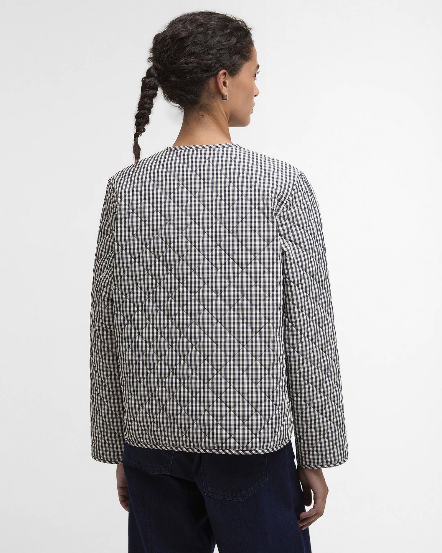 Cashel Gingham Collarless Quilted Jacket - Navy Gingham/Dark Navy