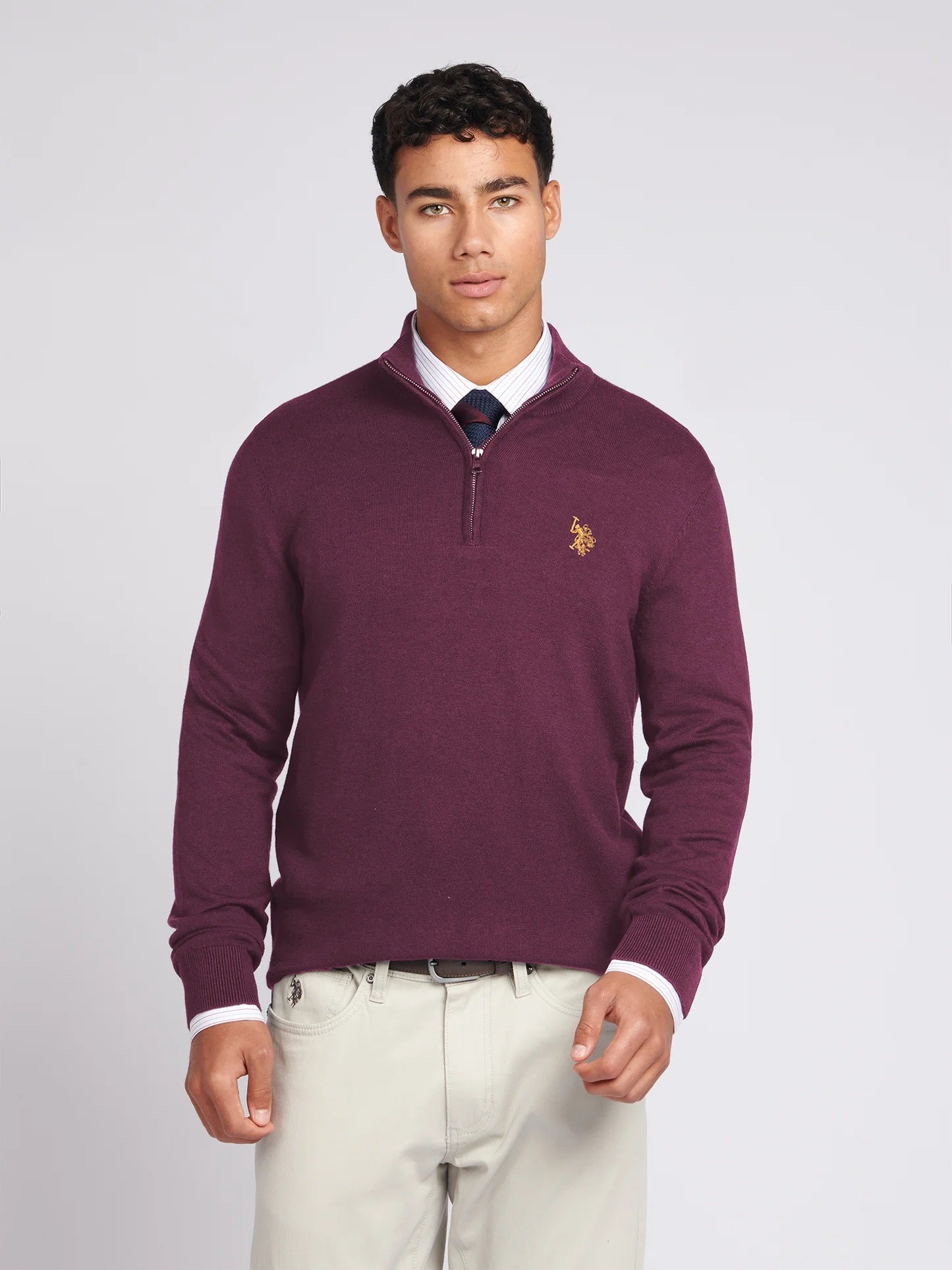 Men's Cotton Funnel Neck 1/4 Zip Knit in Grape Wine