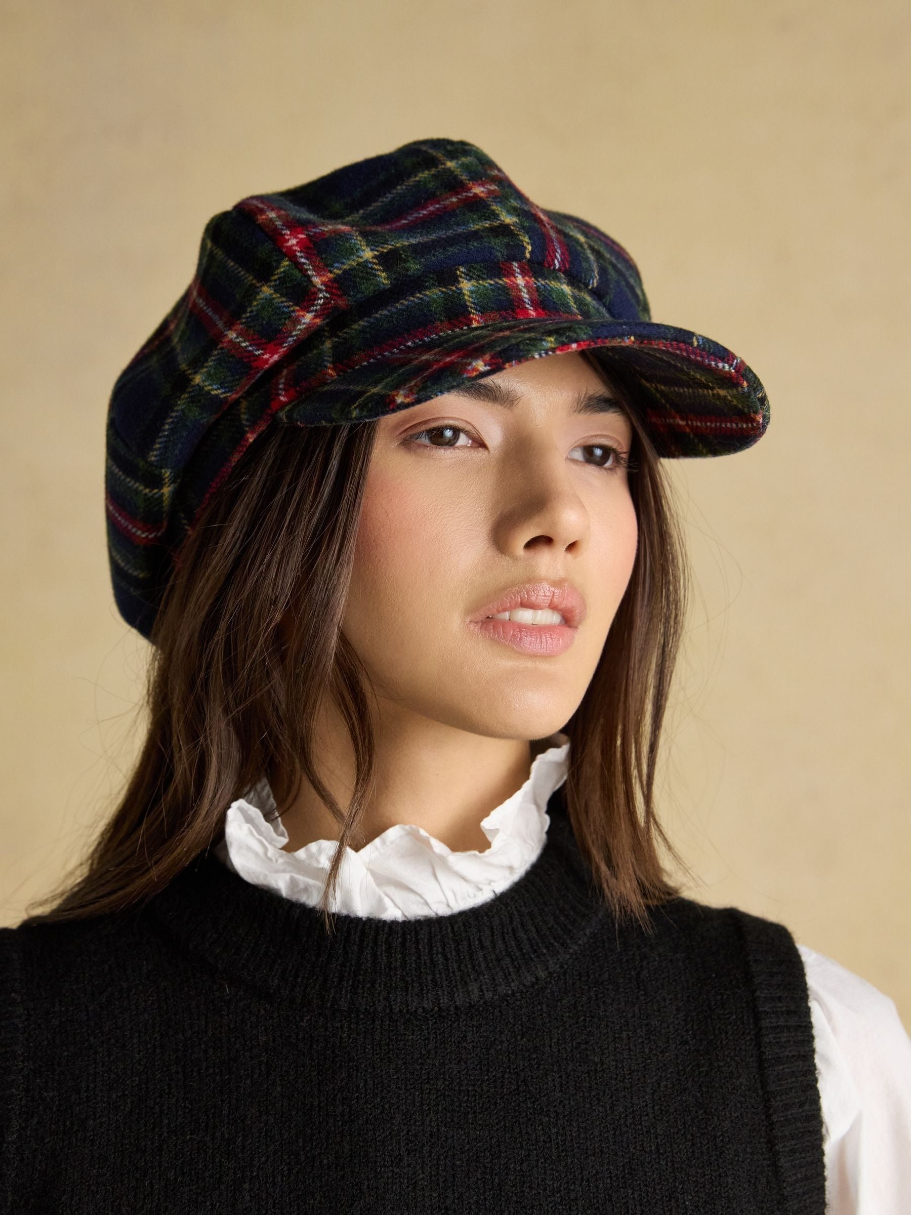 Elvaston Navy/Khaki Check Tweed Baker Boy Hat