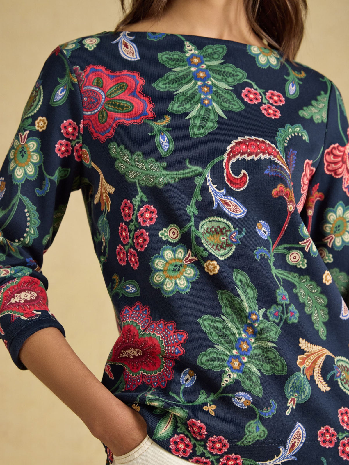 Harbour Navy Floral Printed Boat Neck 100% Cotton Jersey Top