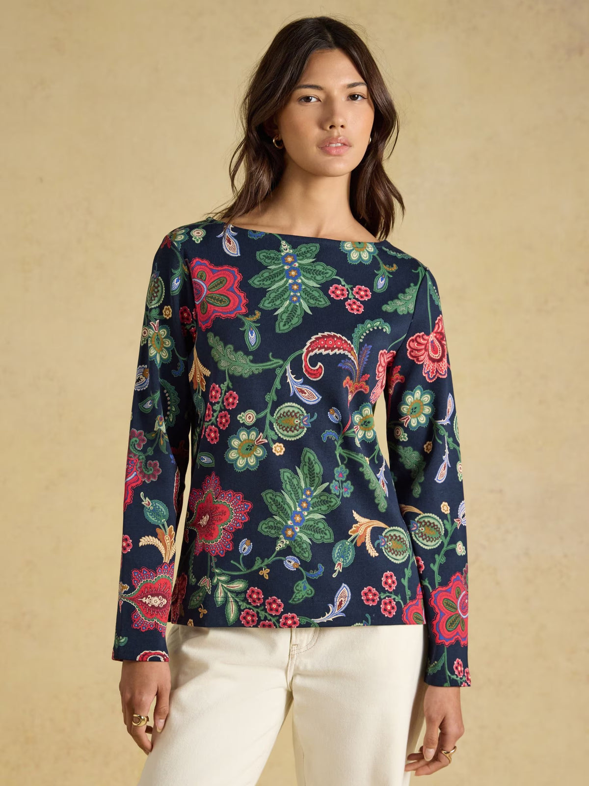 Harbour Navy Floral Printed Boat Neck 100% Cotton Jersey Top