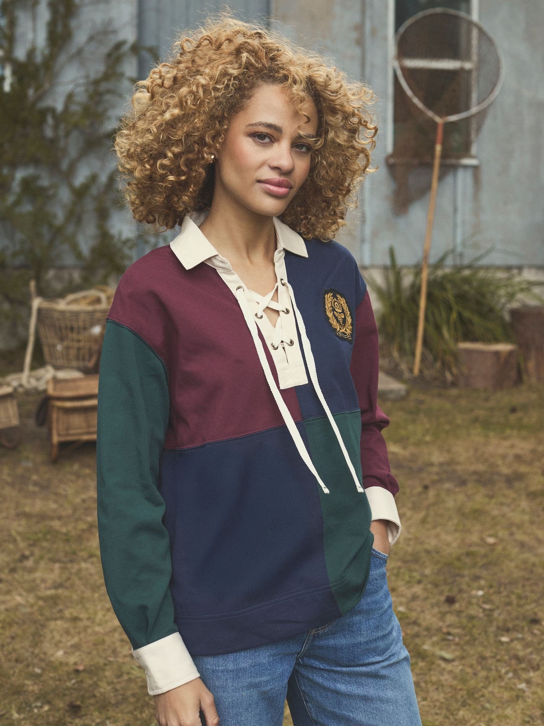 Claremont Multi 100% Cotton Harlequin Lace Up Rugby Shirt