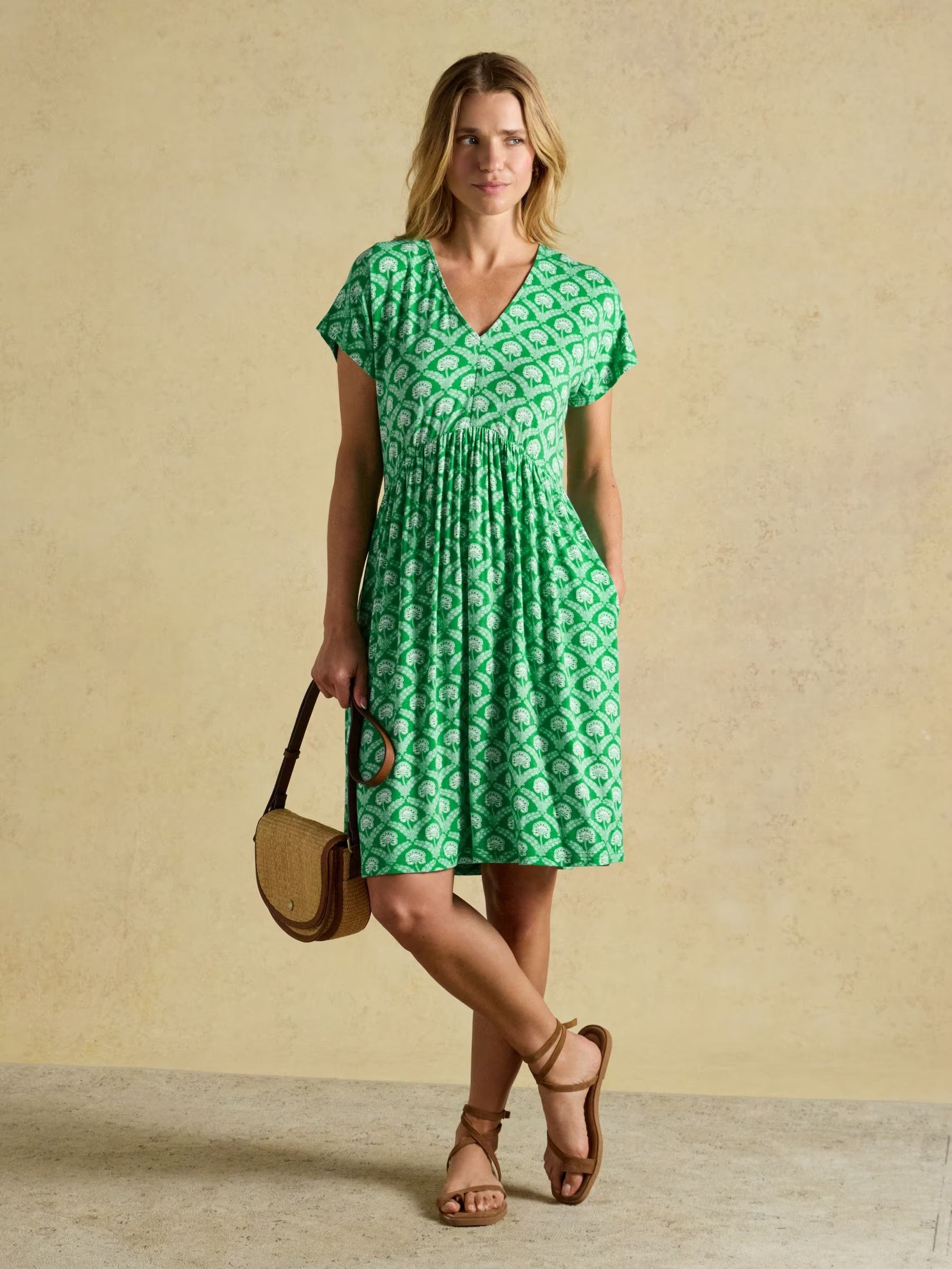 Nia Green & White Foulard Jersey Knee Length Dress