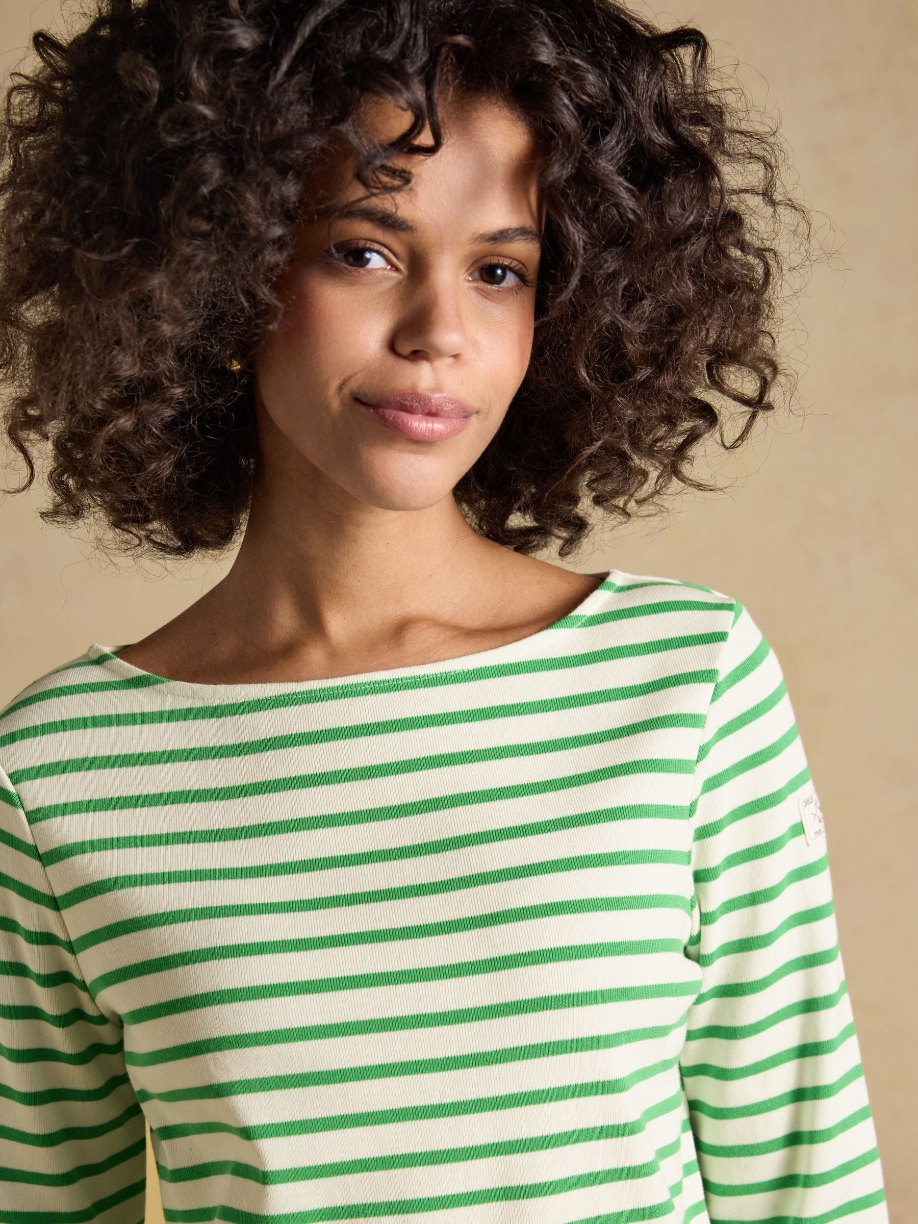 Harbour Cream & Green Long Sleeve Striped Boat Neck Long Sleeve Breton Top