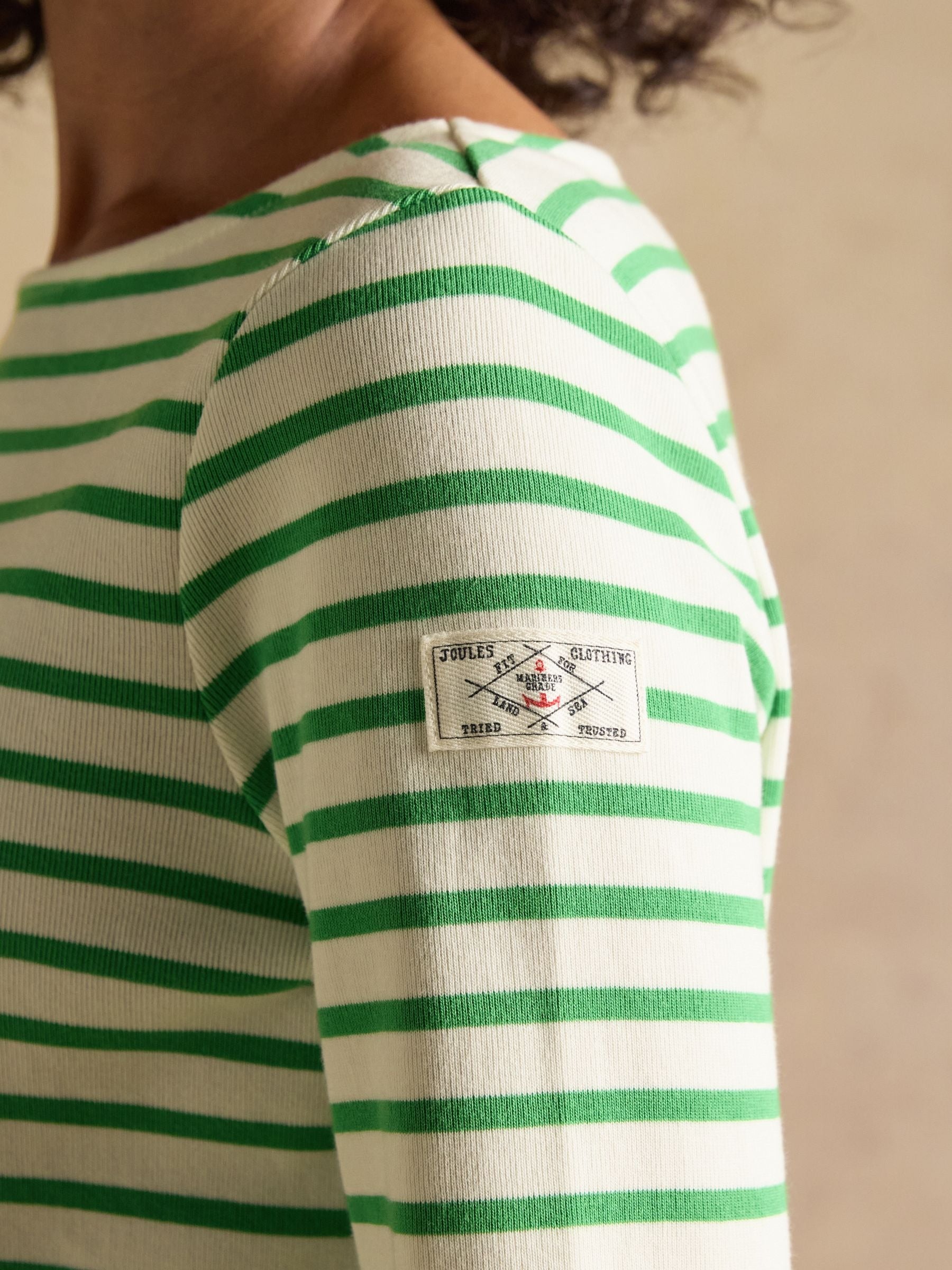 Harbour Cream & Green Long Sleeve Striped Boat Neck Long Sleeve Breton Top