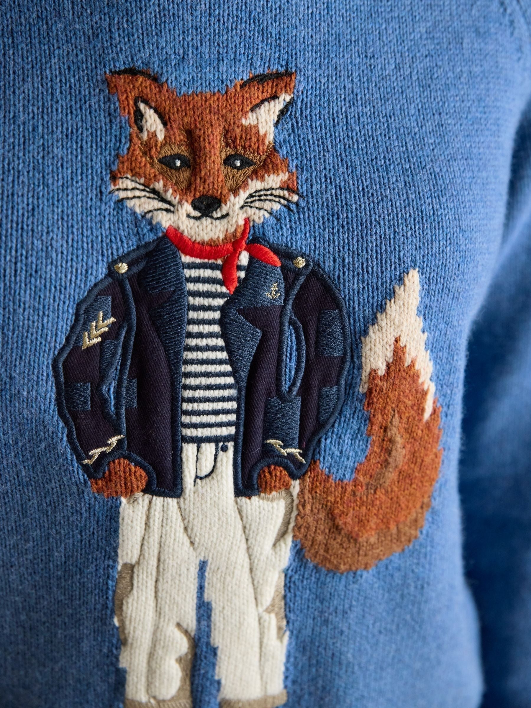 Blue Jonty Fox Embroidered Cotton-Rich Crew Neck Jumper
