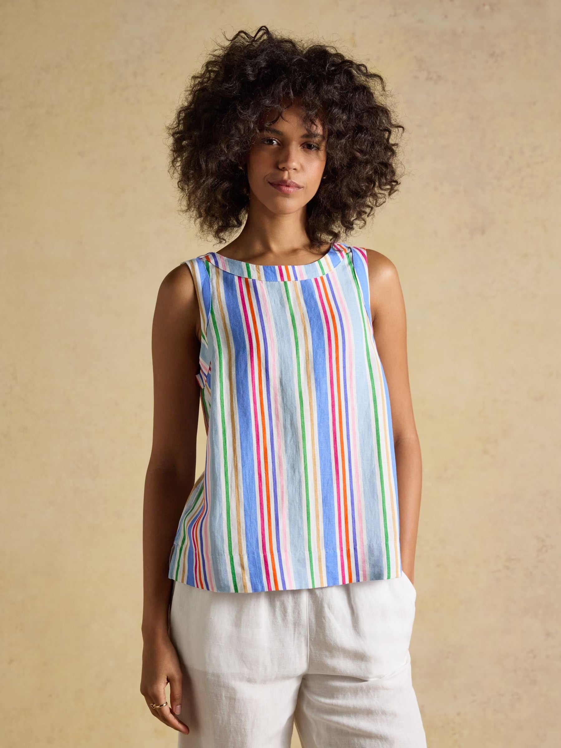 Cove Multi Striped Round Neck Sleeveless Top with Linen