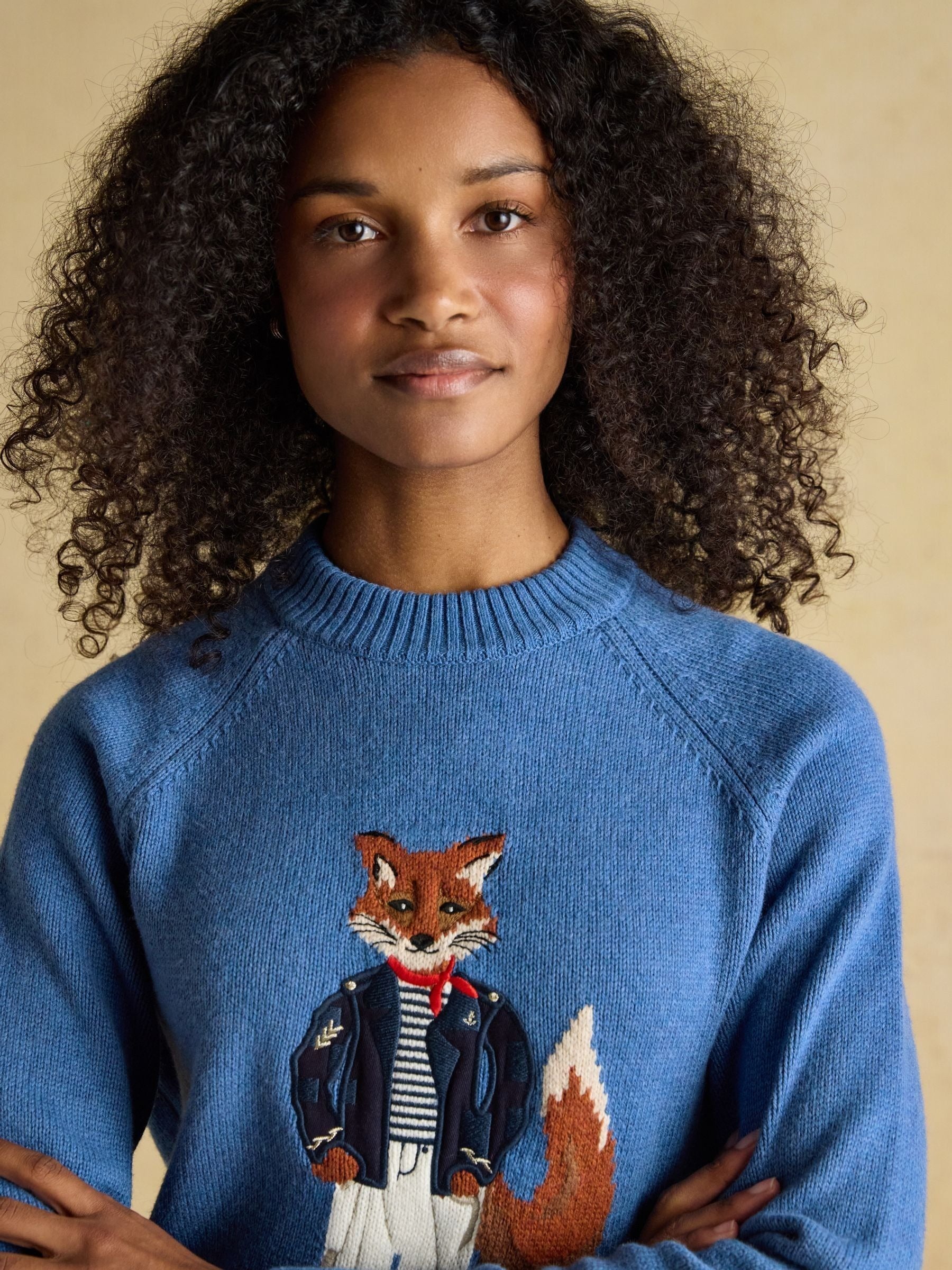 Blue Jonty Fox Embroidered Cotton-Rich Crew Neck Jumper