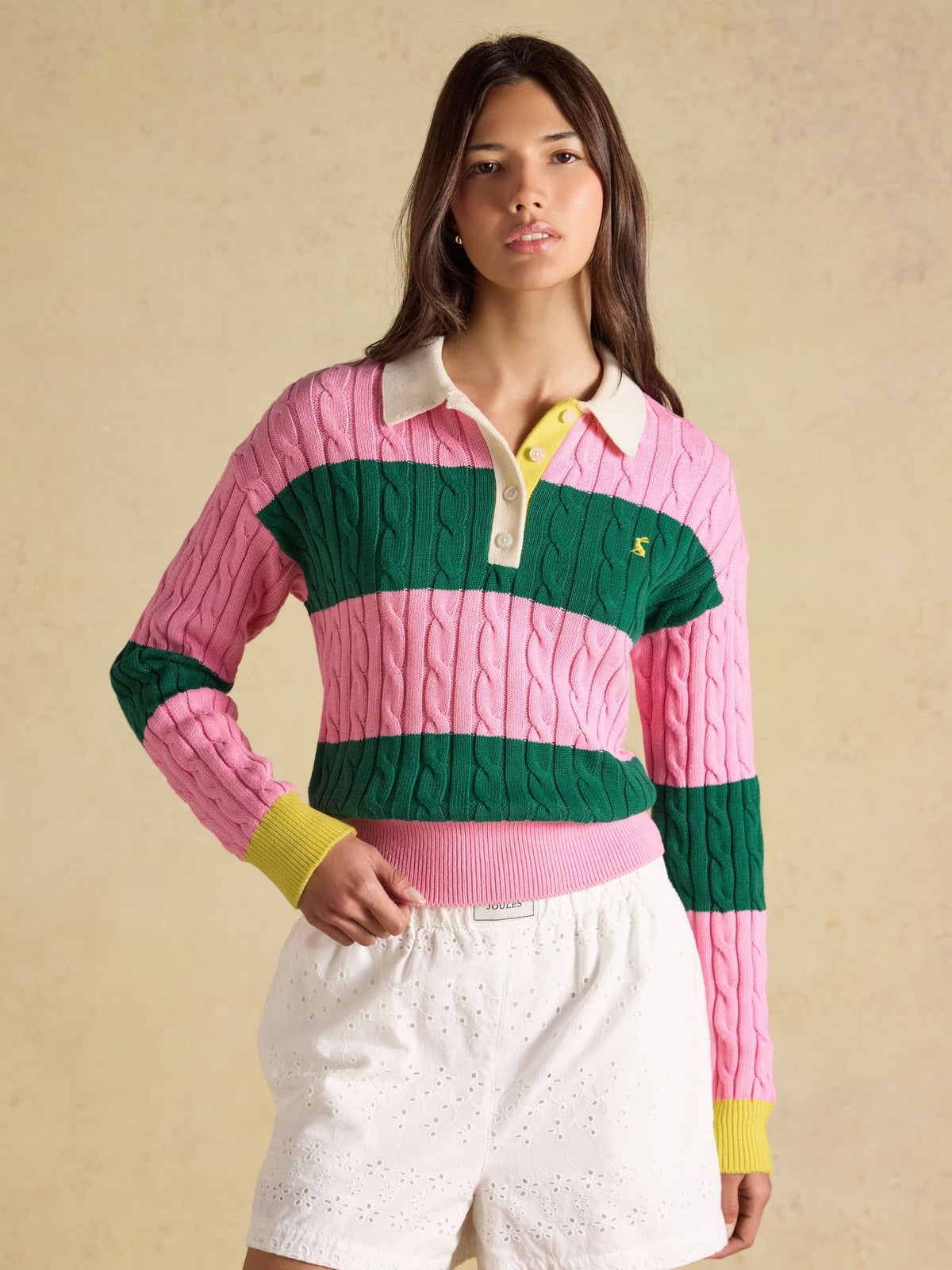 Pink & Green Striped Cotton Cable Knit Rugby Jumper
