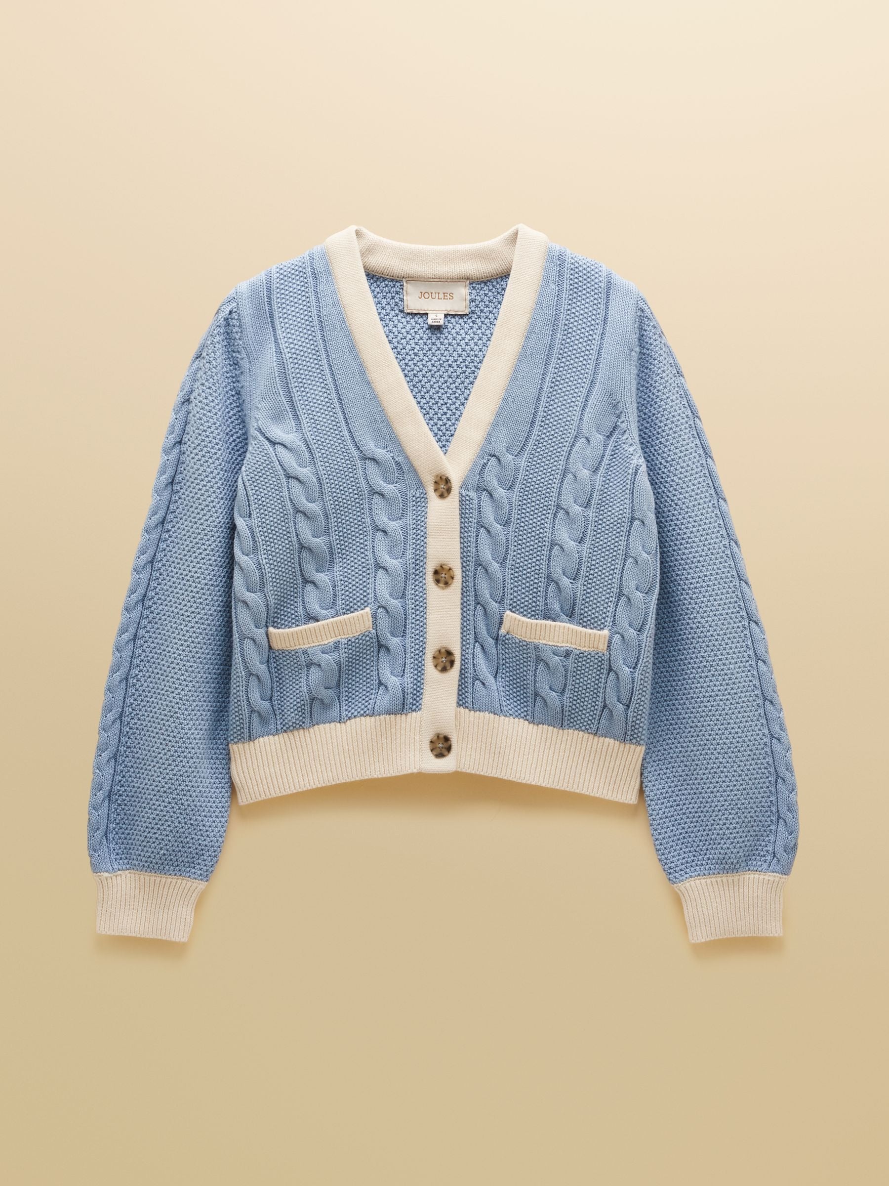 Blue V-Neck Cotton Cable Knitted Cardigan