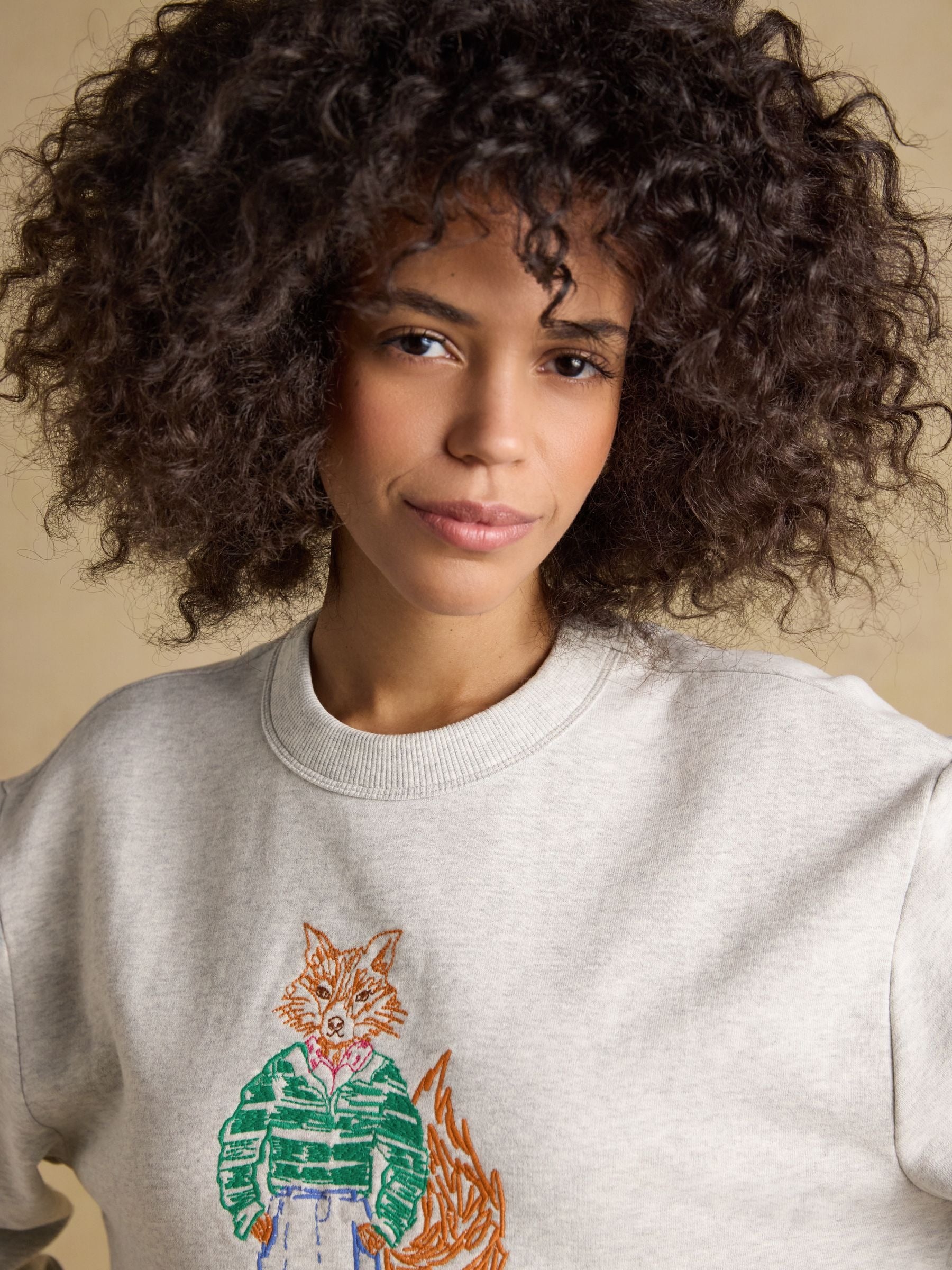 Grey Marl Jonty Fox Embroidered Cotton Crew Neck Sweatshirt