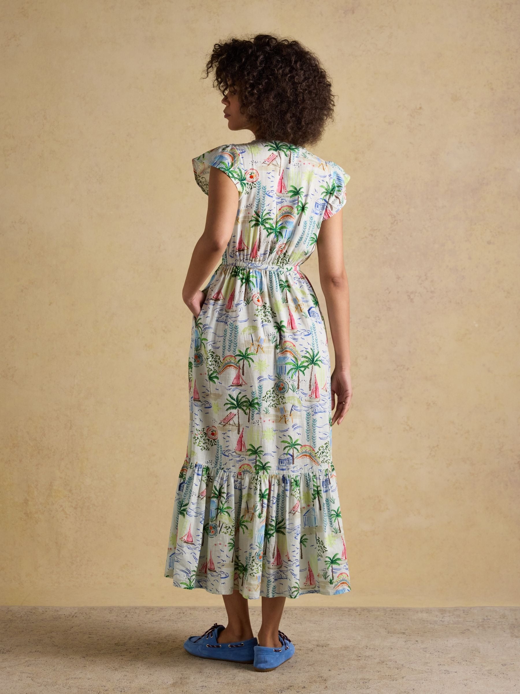Winnie Coastal Scene Print Frill Shoulder Maxi Dress