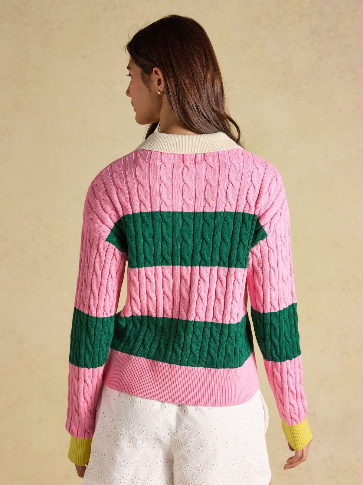 Pink & Green Striped Cotton Cable Knit Rugby Jumper
