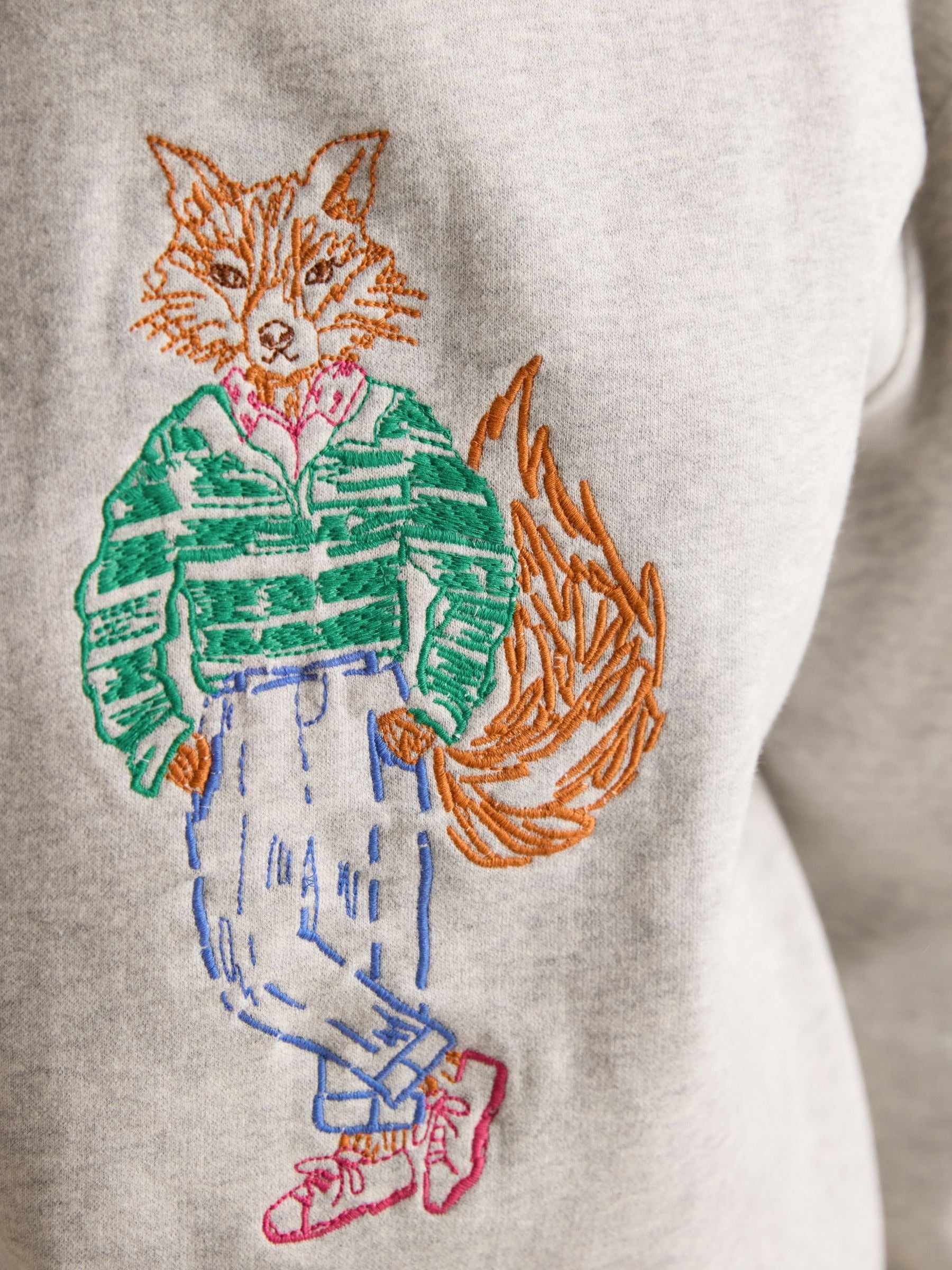 Grey Marl Jonty Fox Embroidered Cotton Crew Neck Sweatshirt