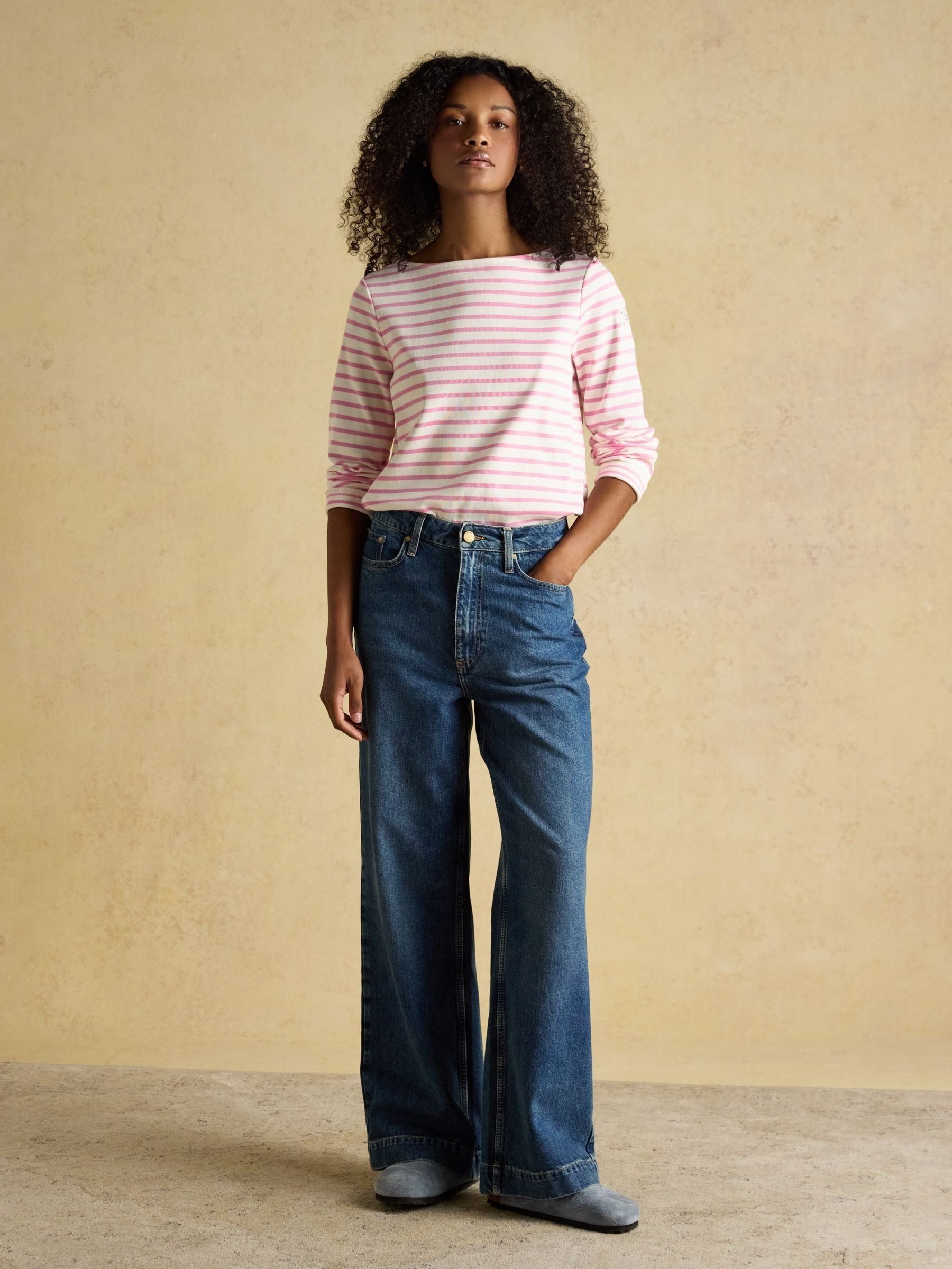Harbour Cream & Pink Long Sleeve Striped Boat Neck Long Sleeve Breton Top