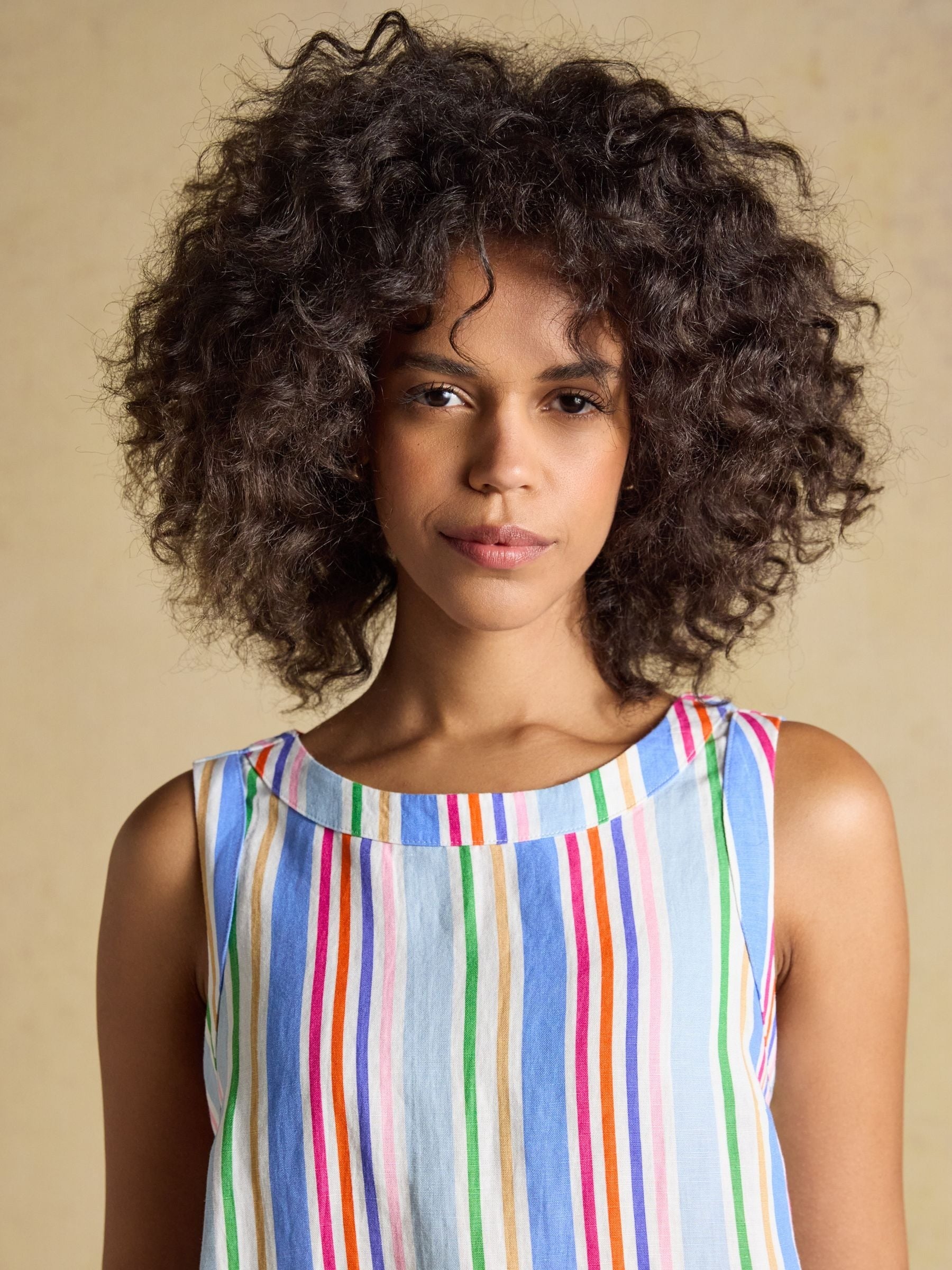 Cove Multi Striped Round Neck Sleeveless Top with Linen