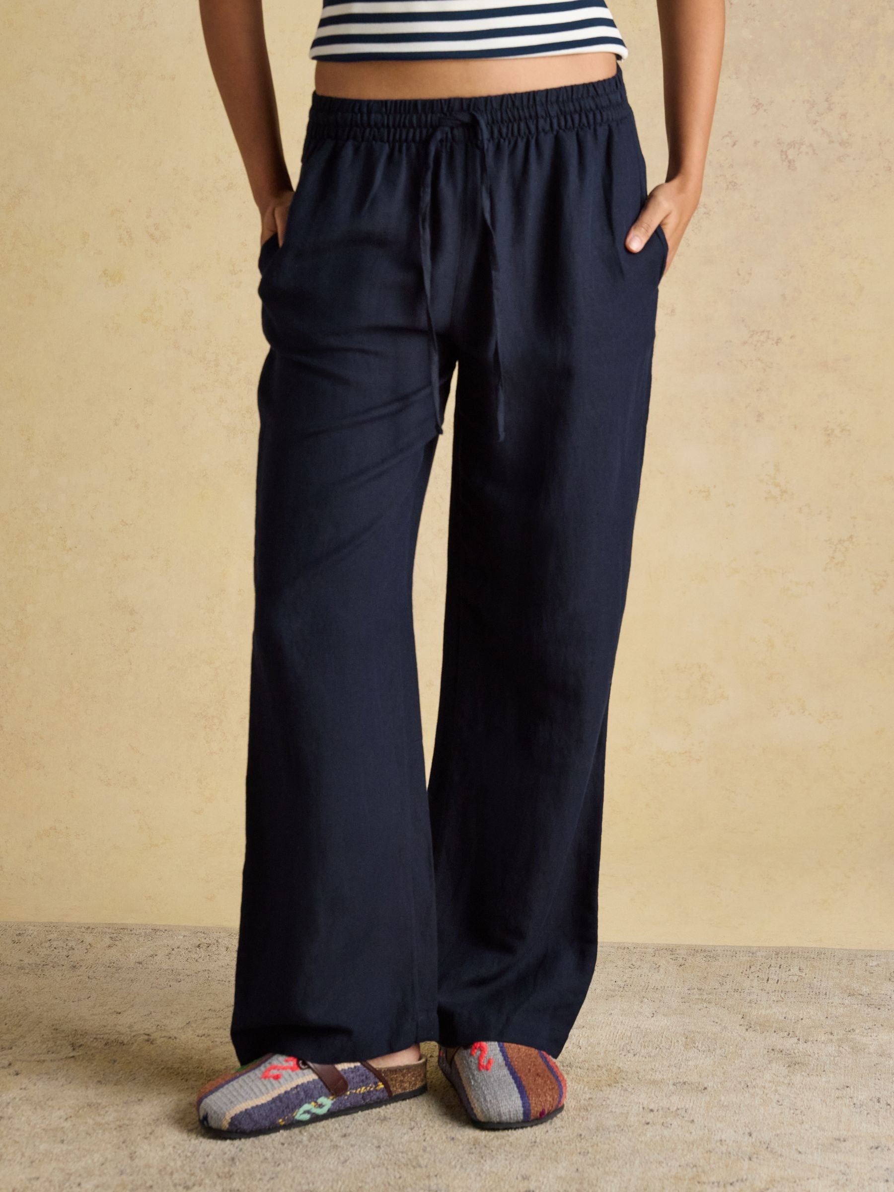 Navy Relaxed Wide Leg Trousers with Linen
