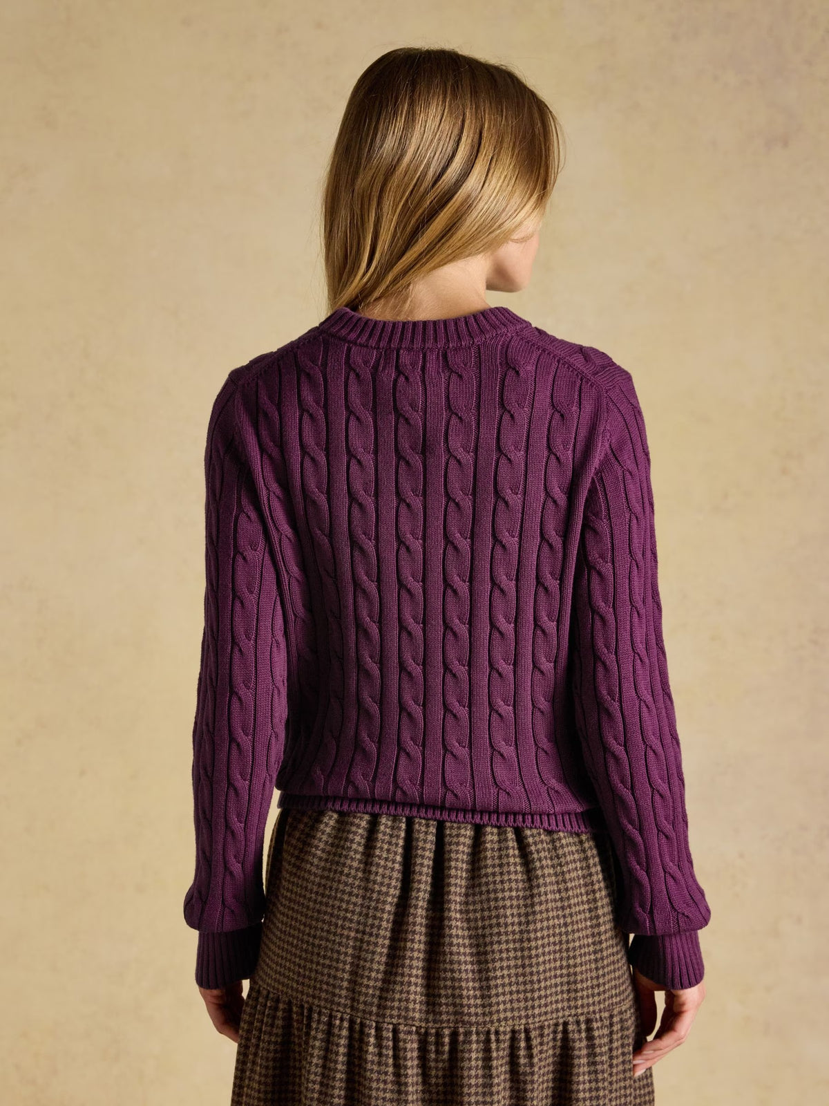 Purple Berry Classic Crew Neck Cotton Cable Knit Jumper