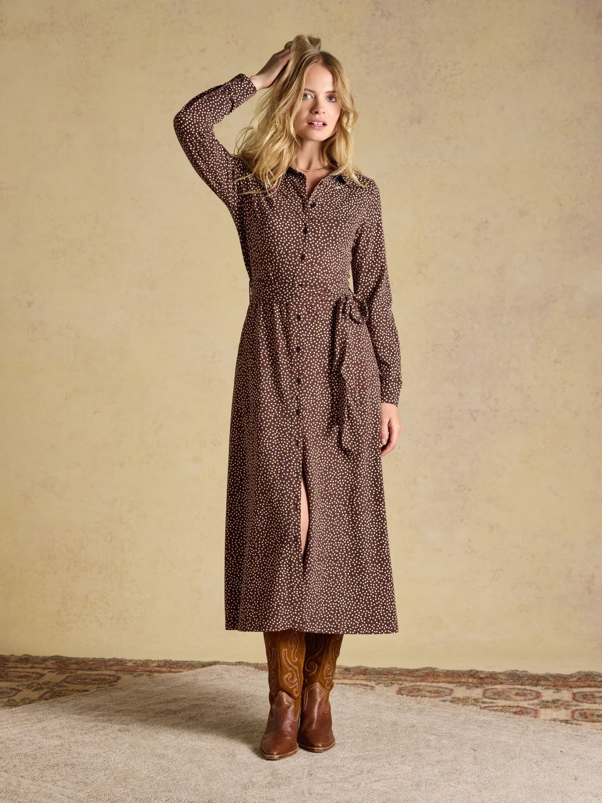 Theodora Chocolate Brown Spot Jersey Shirt Dress
