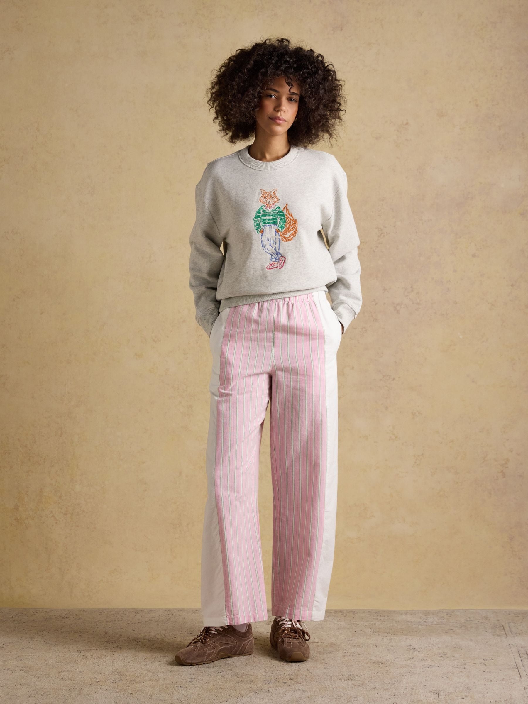 Grey Marl Jonty Fox Embroidered Cotton Crew Neck Sweatshirt
