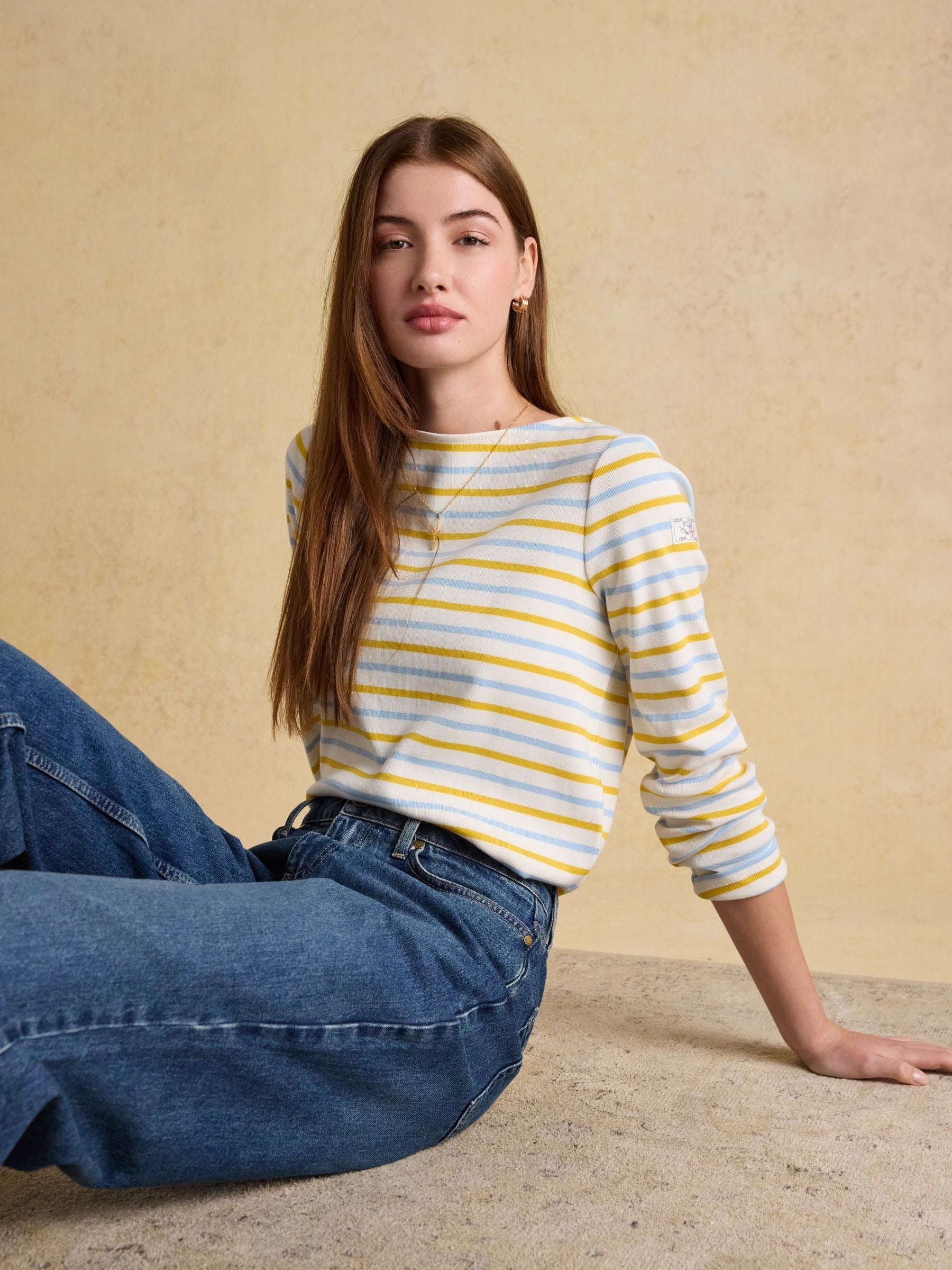 Harbour Blue & Yellow Long Sleeve Striped Boat Neck Long Sleeve Breton Top