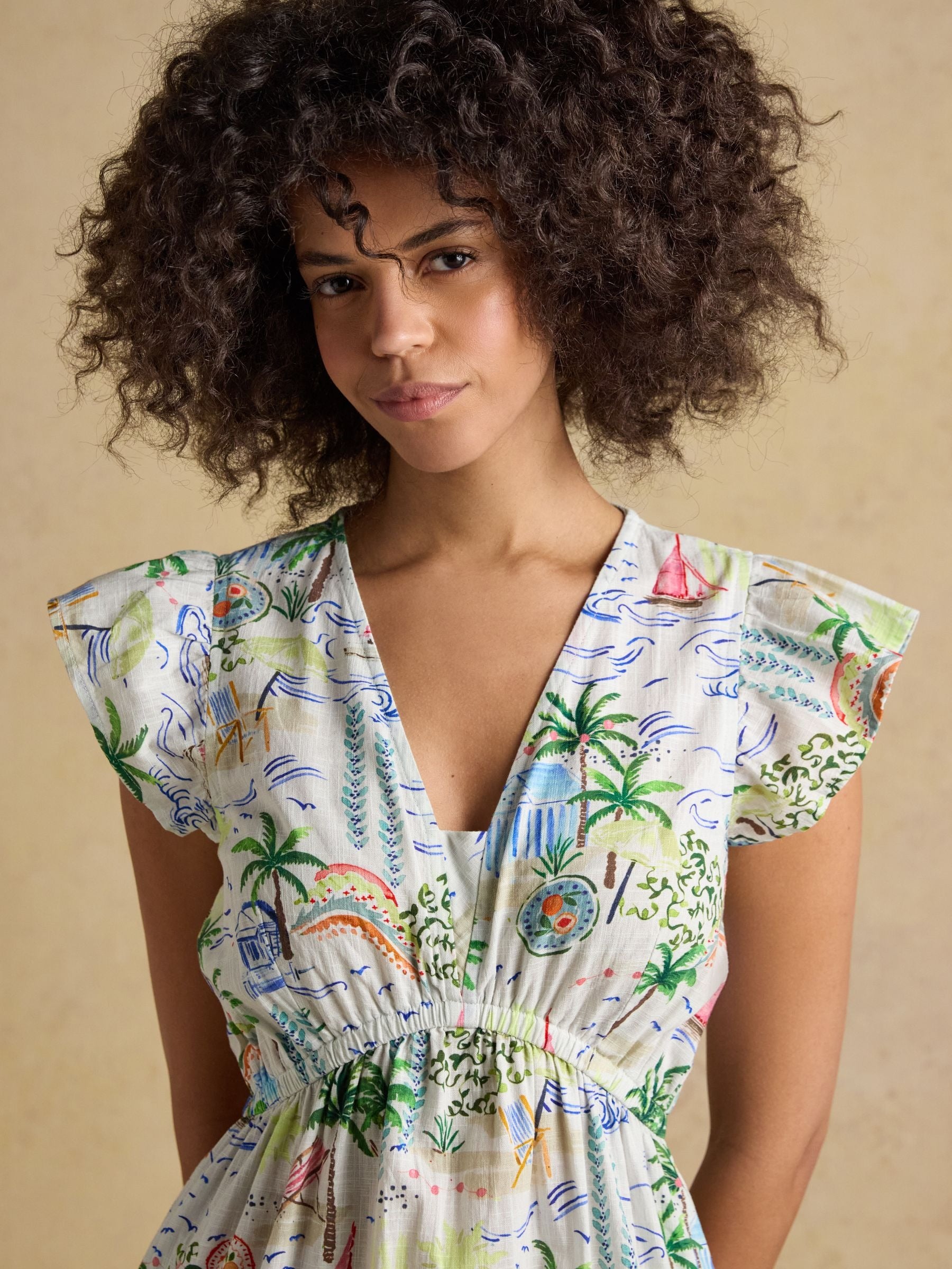 Winnie Coastal Scene Print Frill Shoulder Maxi Dress