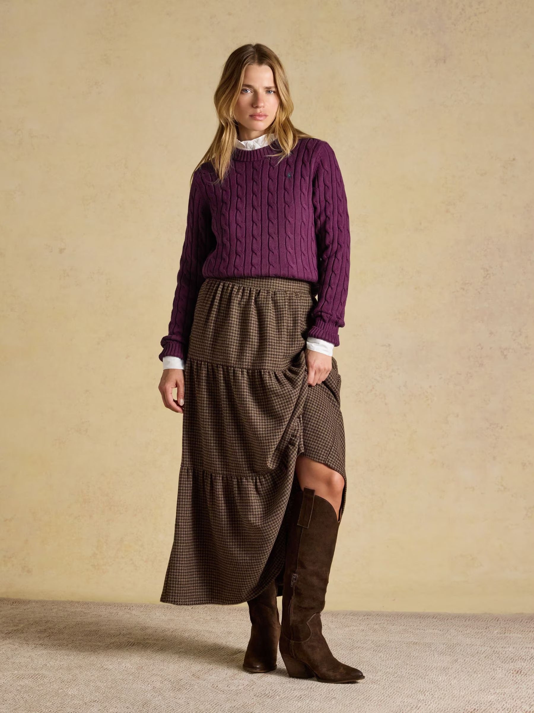 Purple Berry Classic Crew Neck Cotton Cable Knit Jumper