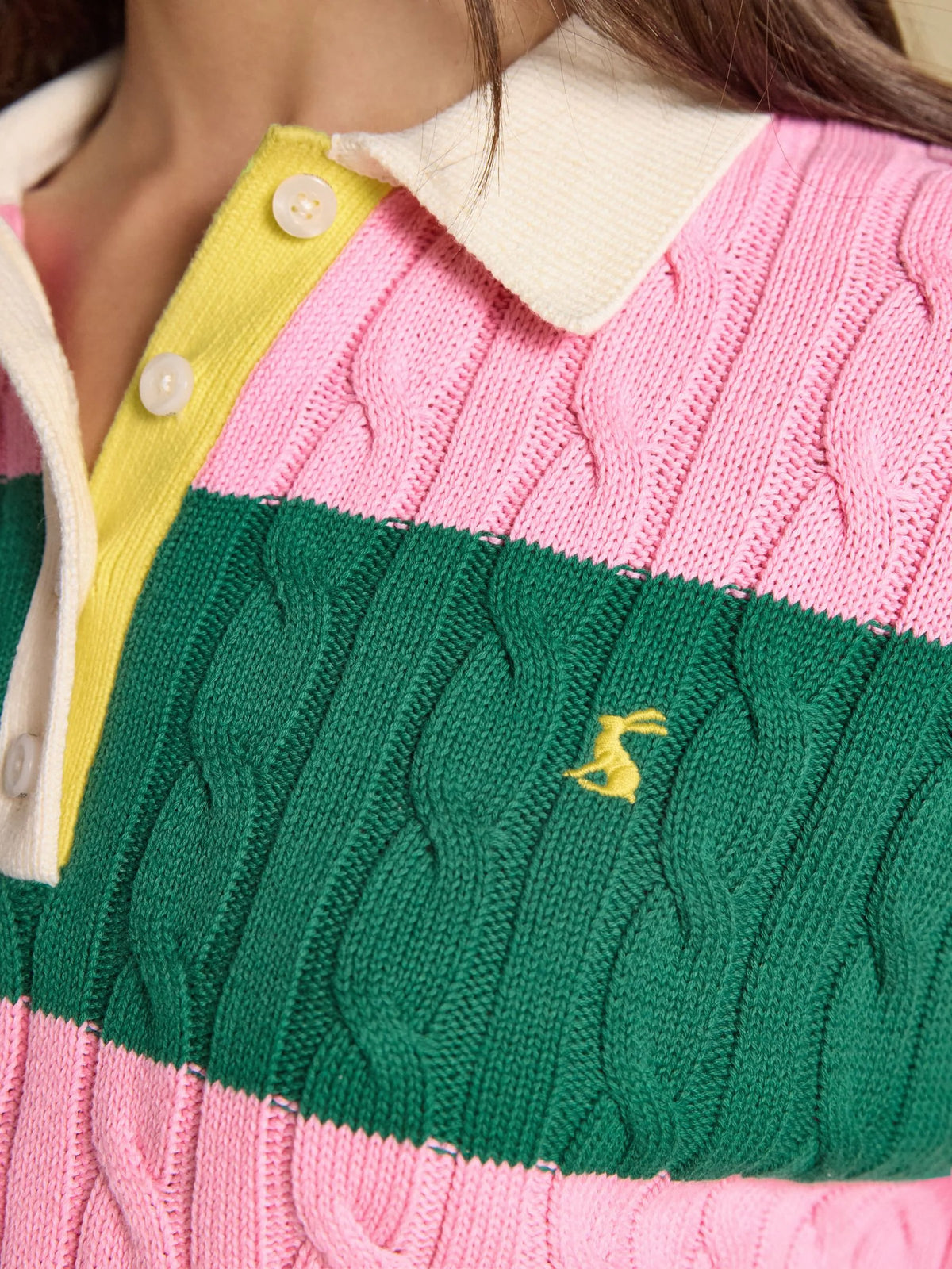 Pink & Green Striped Cotton Cable Knit Rugby Jumper