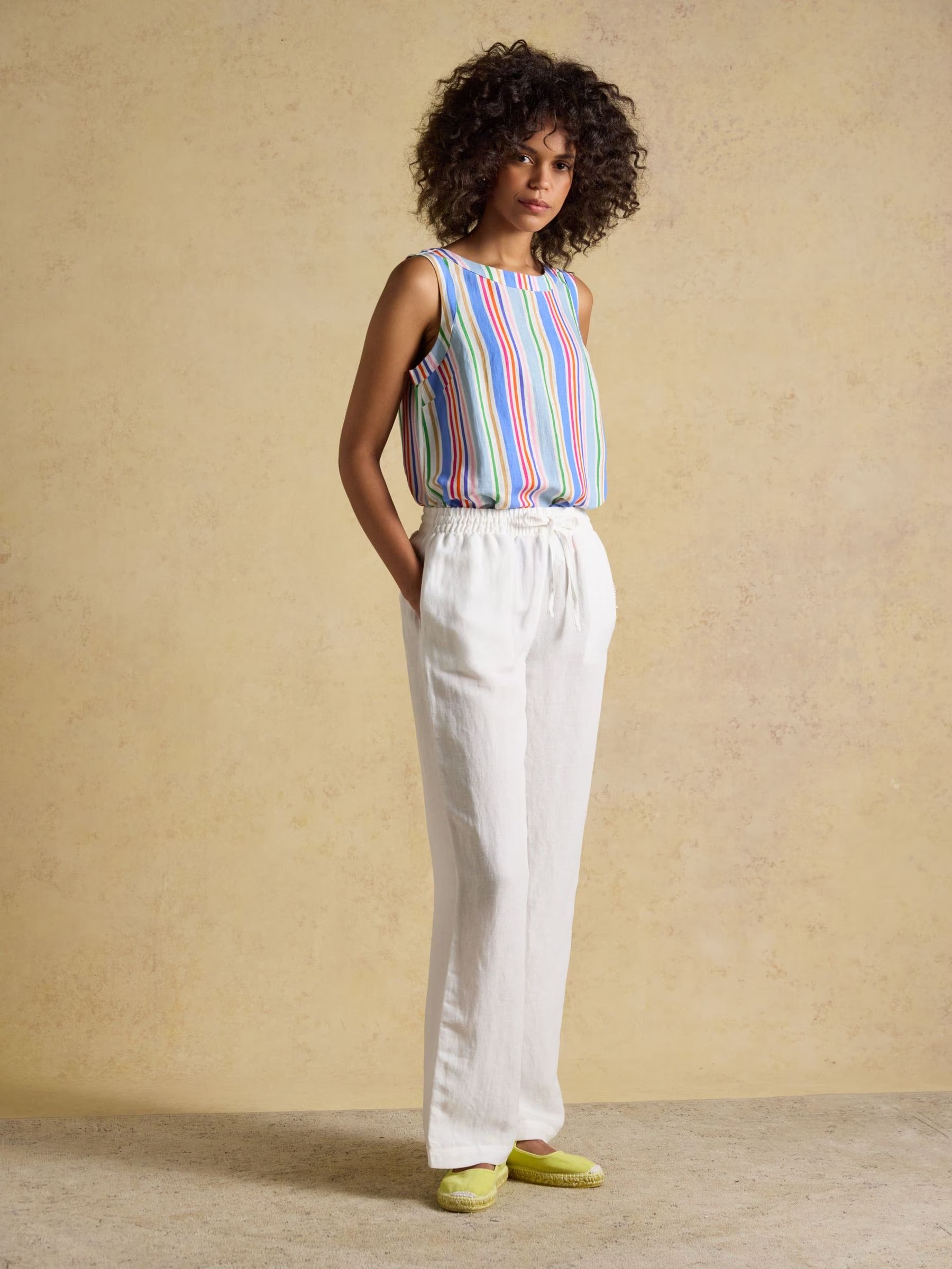 Cove Multi Striped Round Neck Sleeveless Top with Linen