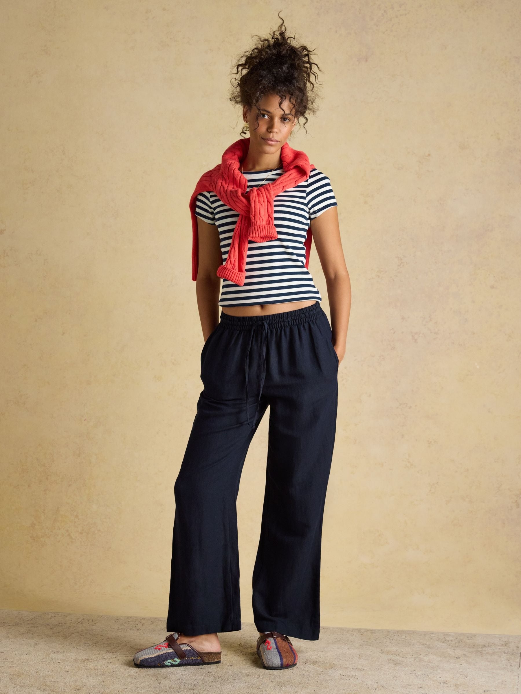 Navy Relaxed Wide Leg Trousers with Linen
