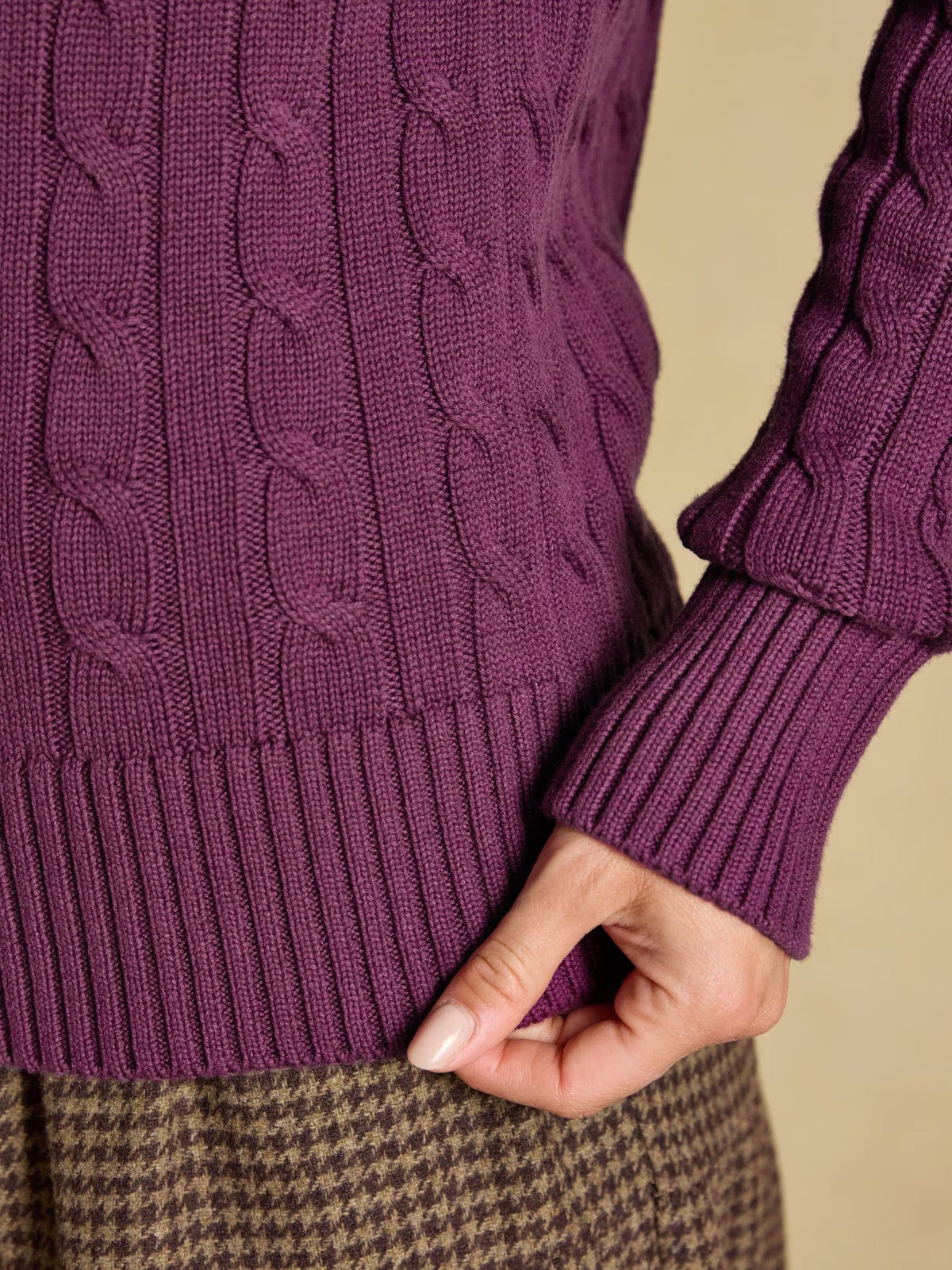 Purple Berry Classic Crew Neck Cotton Cable Knit Jumper
